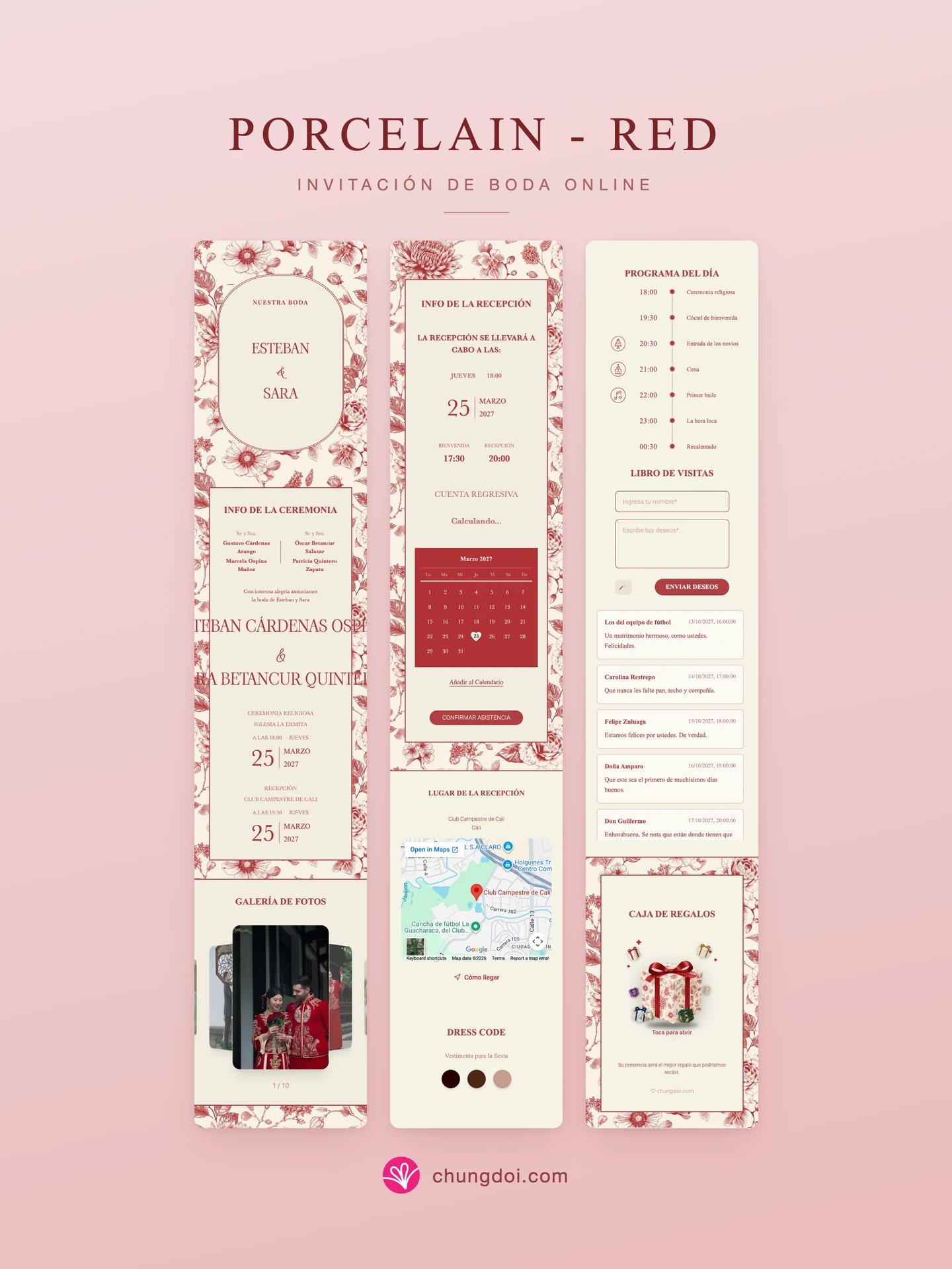 Vista completa de la invitación de boda Porcelain - Red: sus tres secciones una al lado de la otra