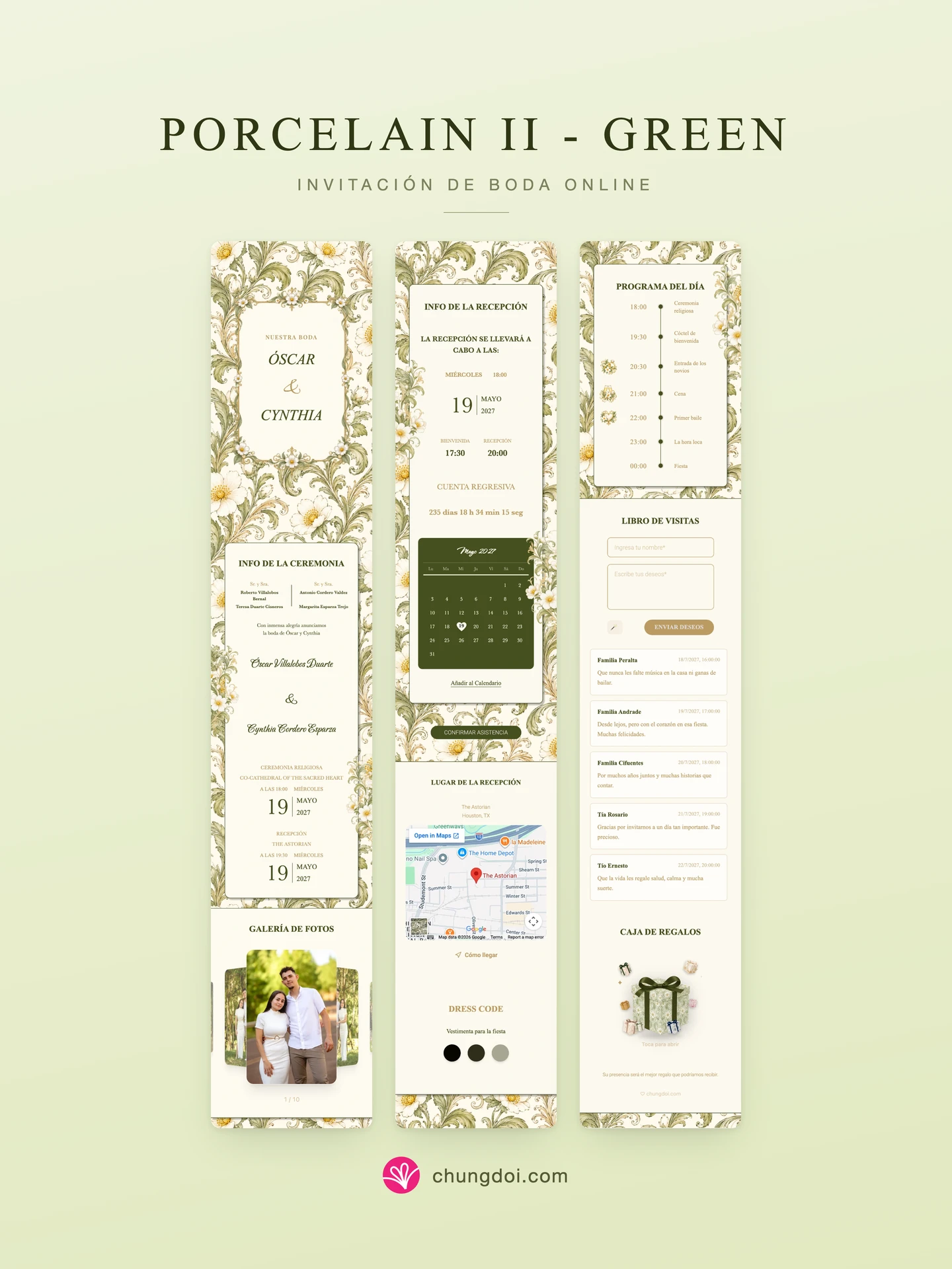 Vista completa de la invitación de boda Porcelain II - Green: sus tres secciones una al lado de la otra