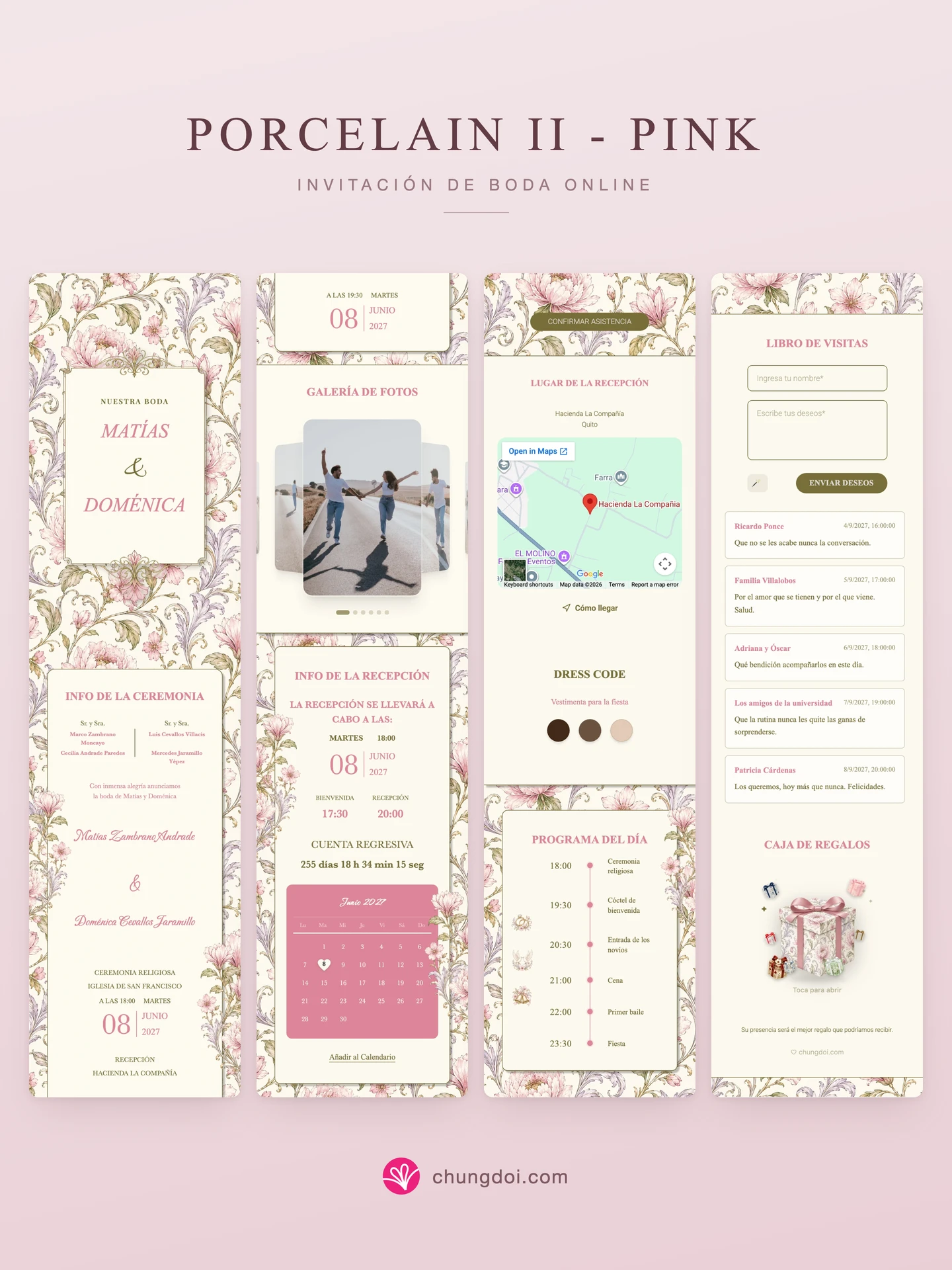 Vista completa de la invitación de boda Porcelain II - Pink: sus tres secciones una al lado de la otra