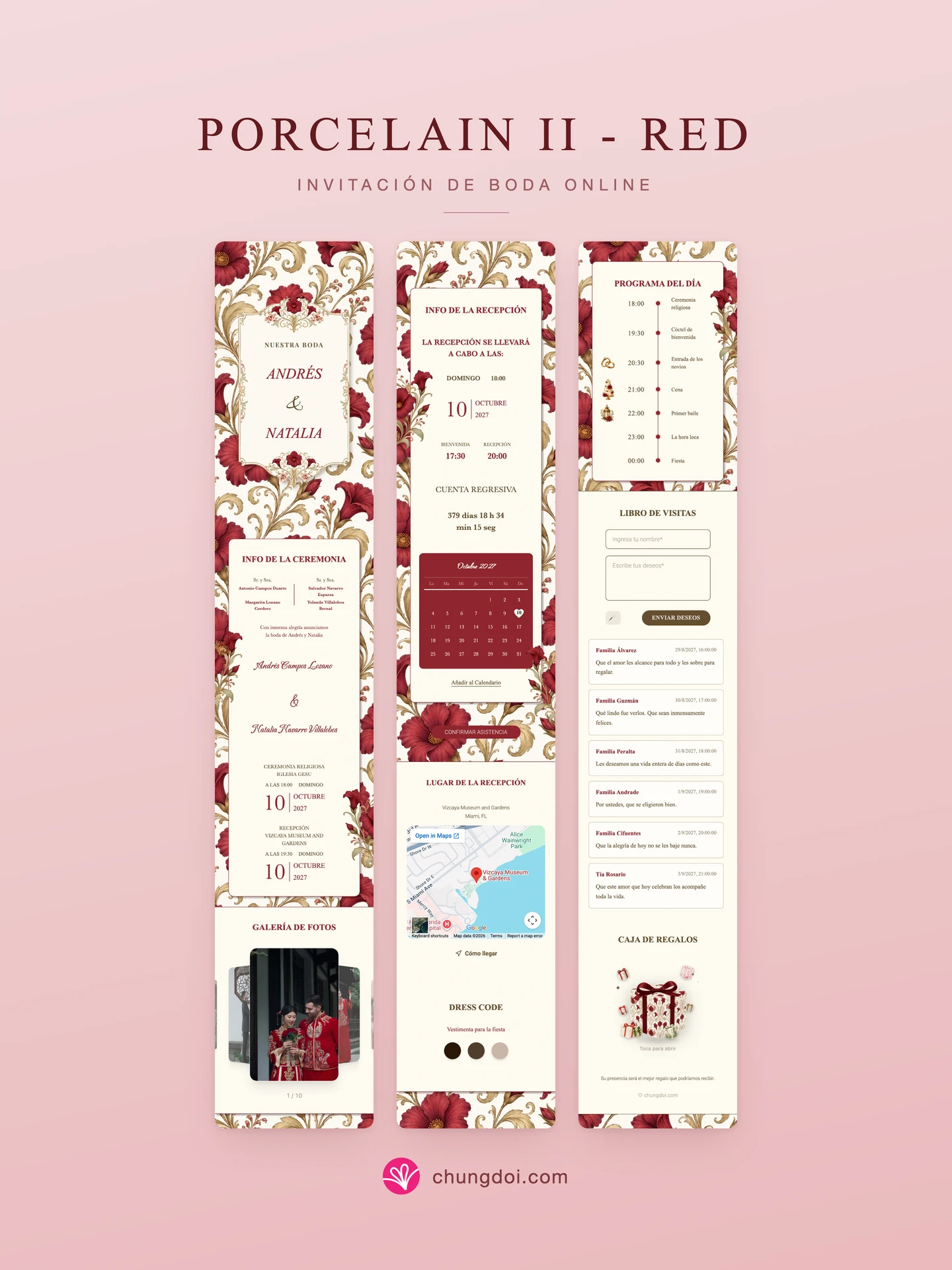 Vista completa de la invitación de boda Porcelain II - Red: sus tres secciones una al lado de la otra