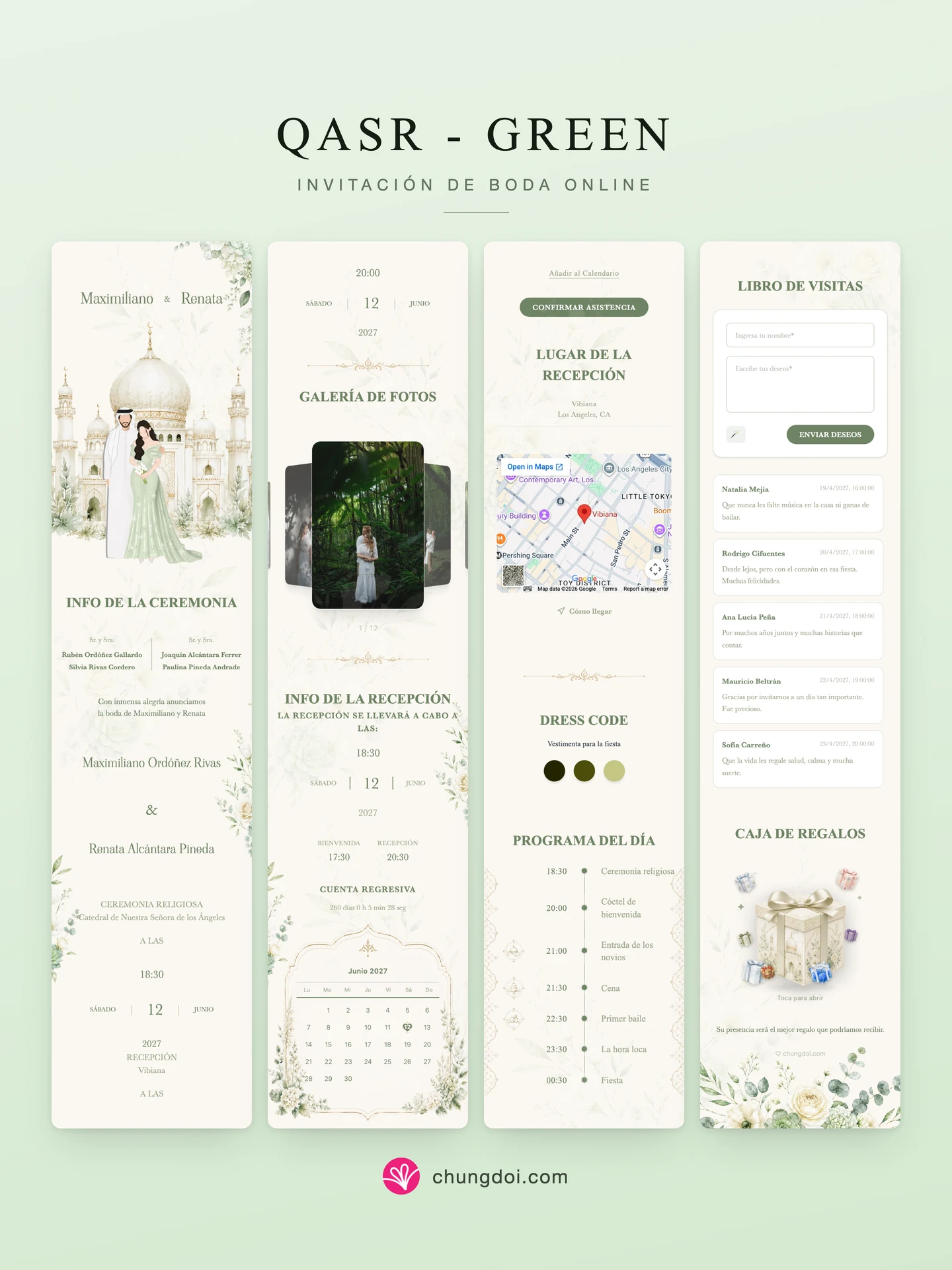 Vista completa de la invitación de boda Qasr - Green: sus tres secciones una al lado de la otra