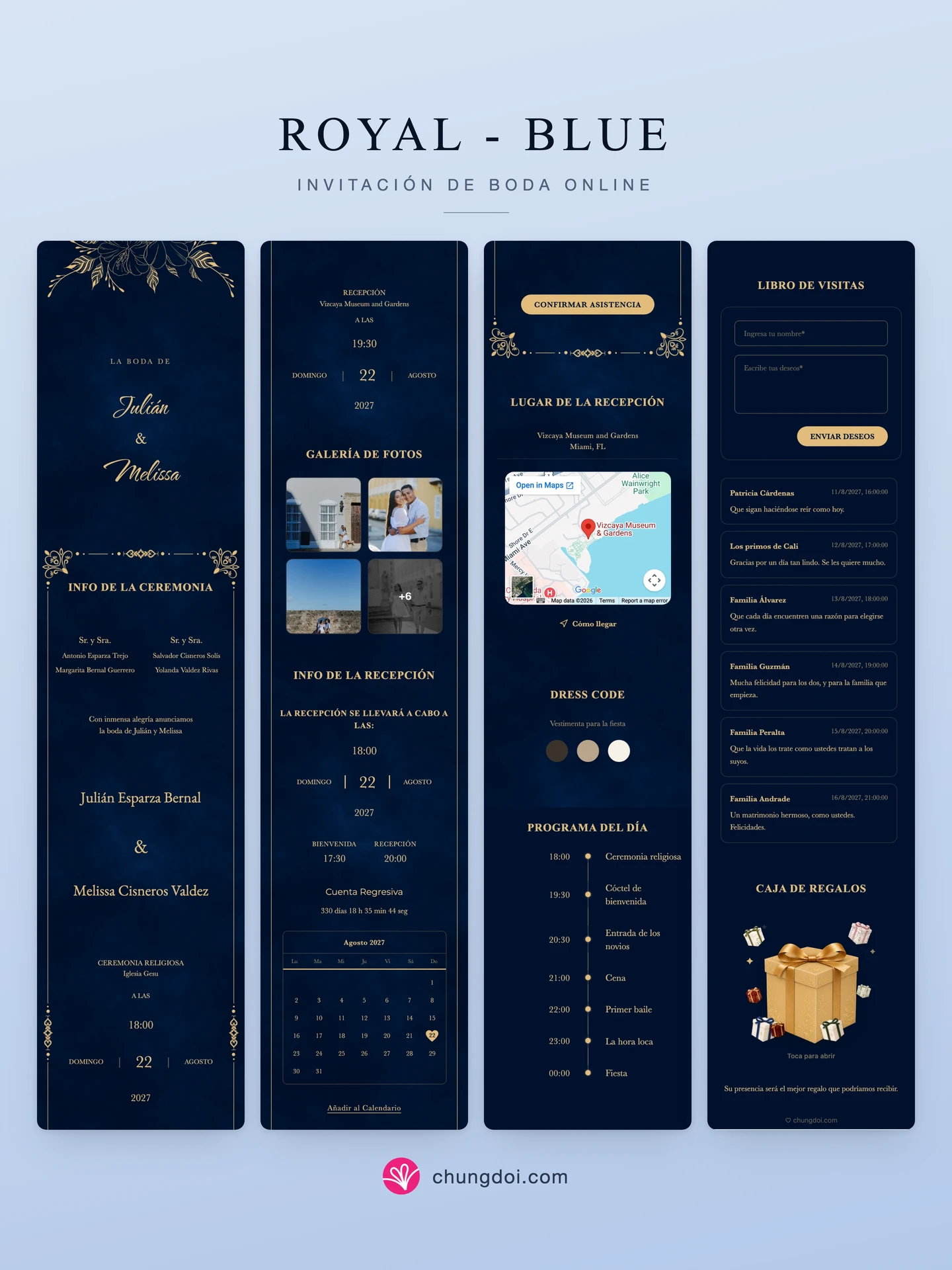 Vista completa de la invitación de boda Royal - Blue: sus tres secciones una al lado de la otra