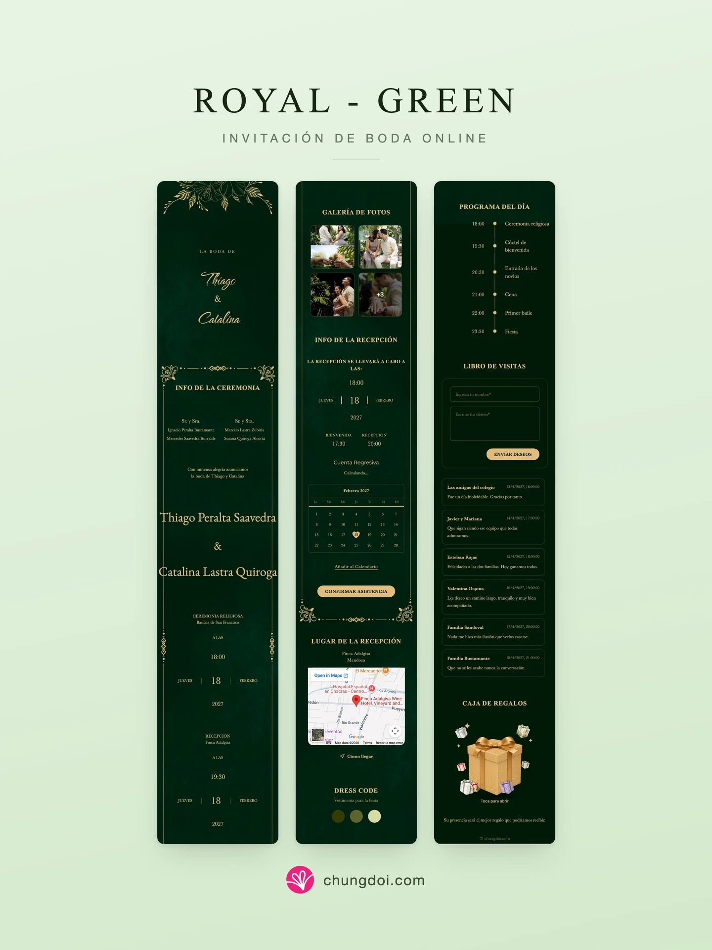 Vista completa de la invitación de boda Royal - Green: sus tres secciones una al lado de la otra