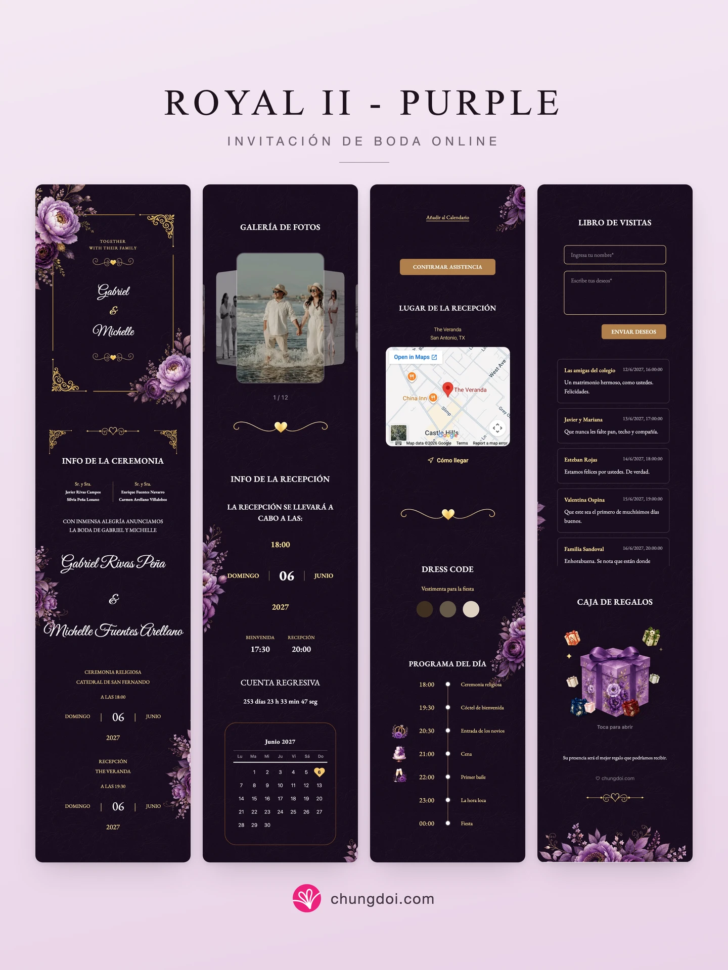 Vista completa de la invitación de boda Royal II - Purple: sus tres secciones una al lado de la otra