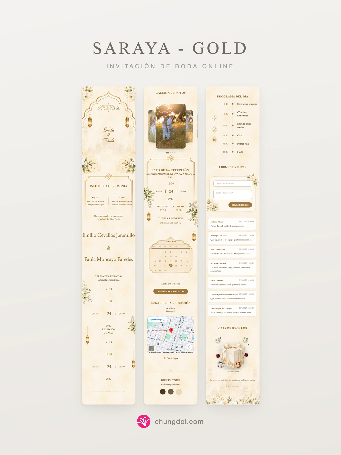 Vista completa de la invitación de boda Saraya - Gold: sus tres secciones una al lado de la otra