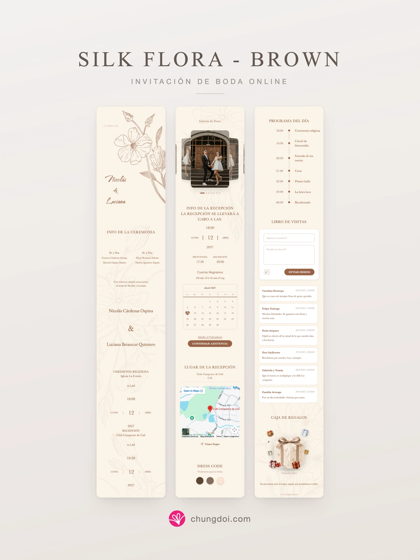 Vista completa de la invitación de boda Silk Flora - Brown: sus tres secciones una al lado de la otra