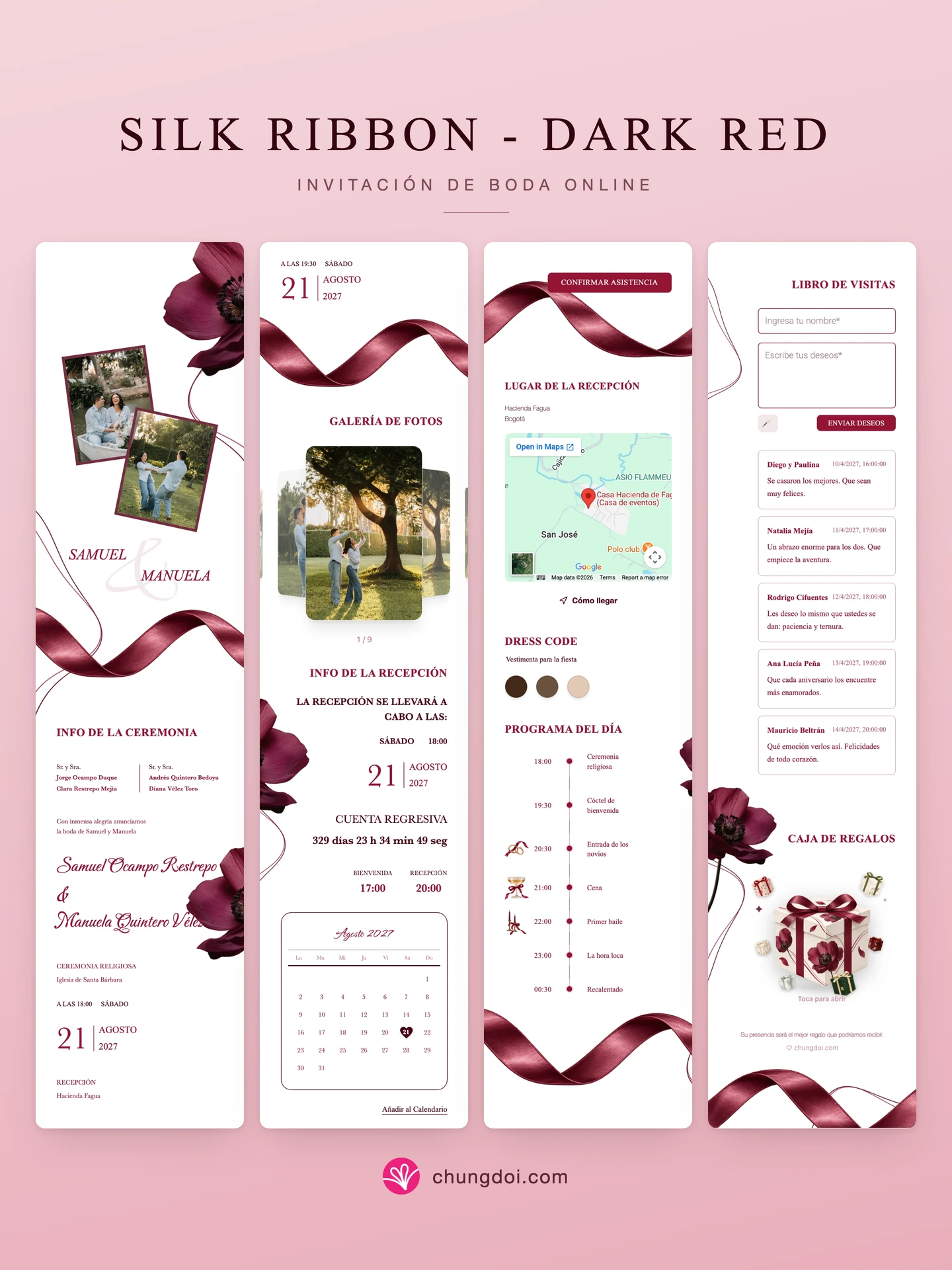 Vista completa de la invitación de boda Silk Ribbon - Dark Red: sus tres secciones una al lado de la otra