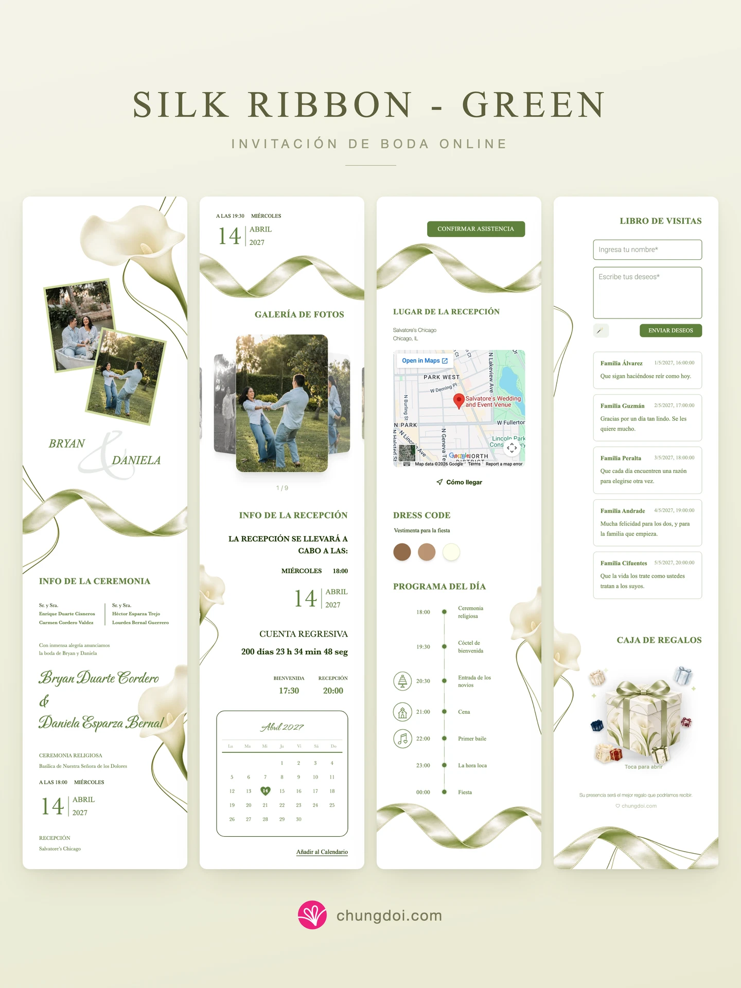 Vista completa de la invitación de boda Silk Ribbon - Green: sus tres secciones una al lado de la otra