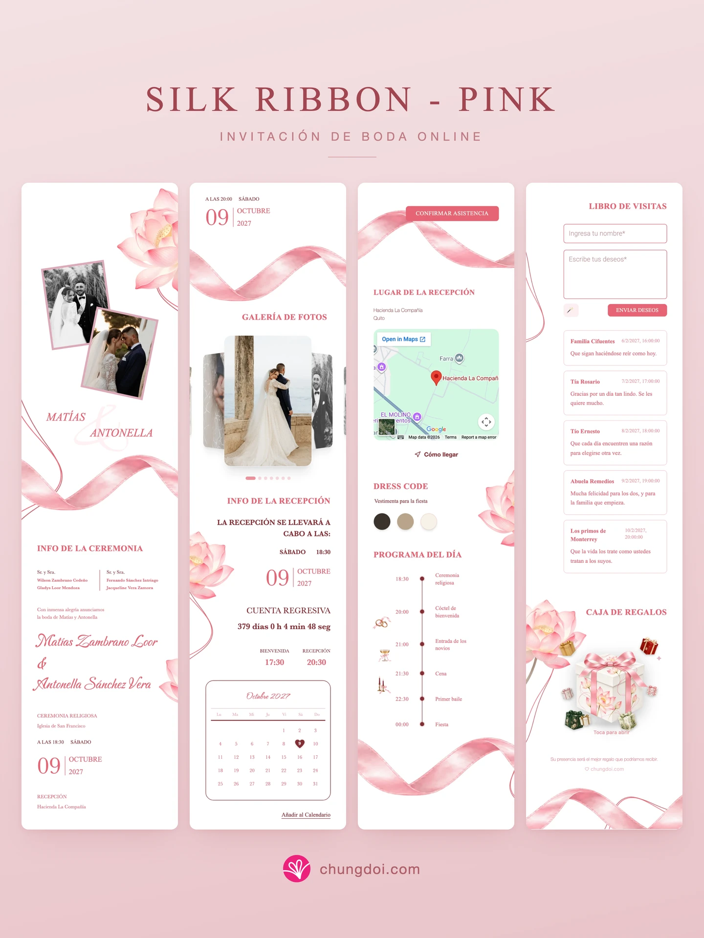 Vista completa de la invitación de boda Silk Ribbon - Pink: sus tres secciones una al lado de la otra