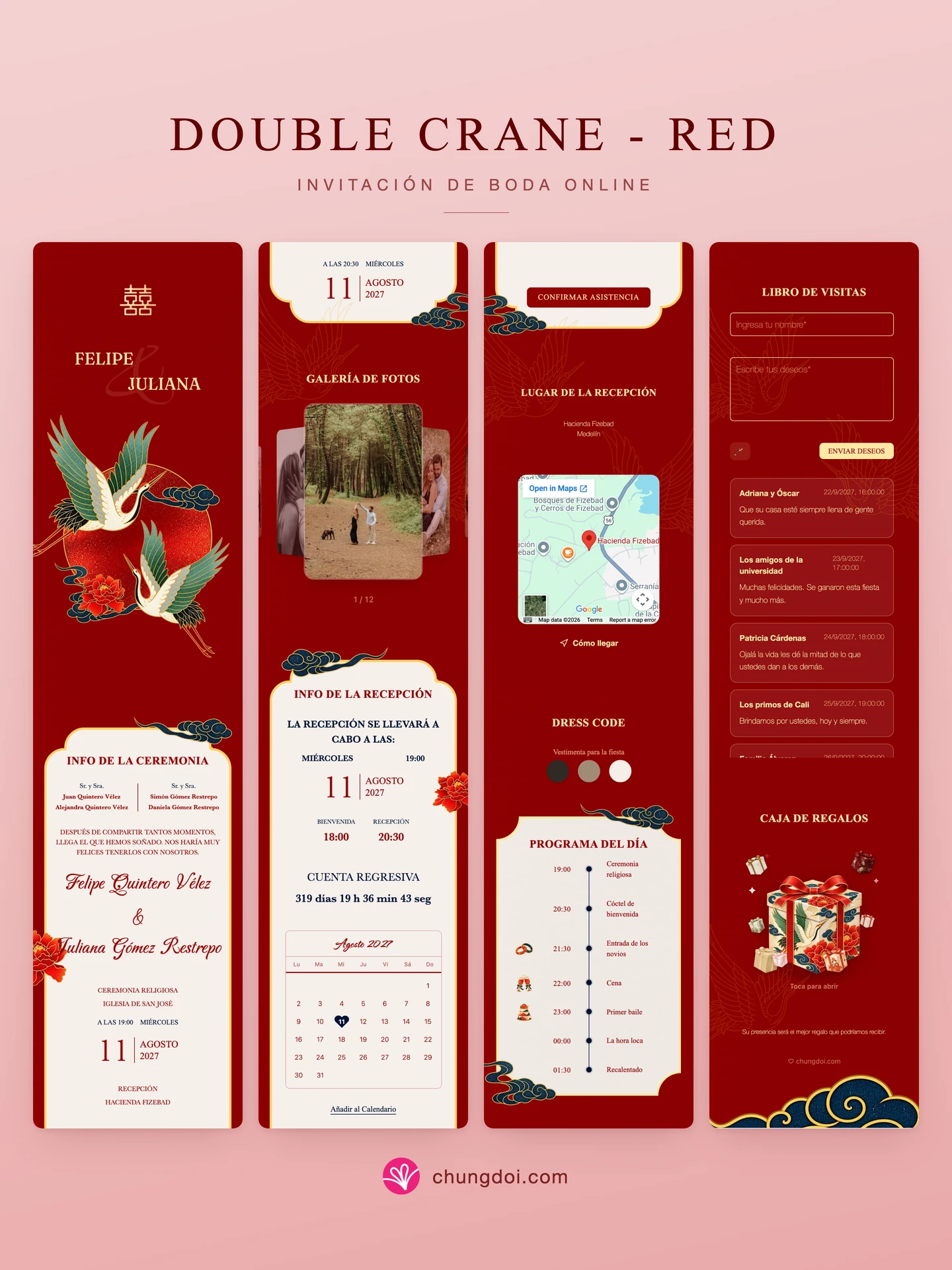 Vista completa de la invitación de boda Double Crane - Red: sus tres secciones una al lado de la otra