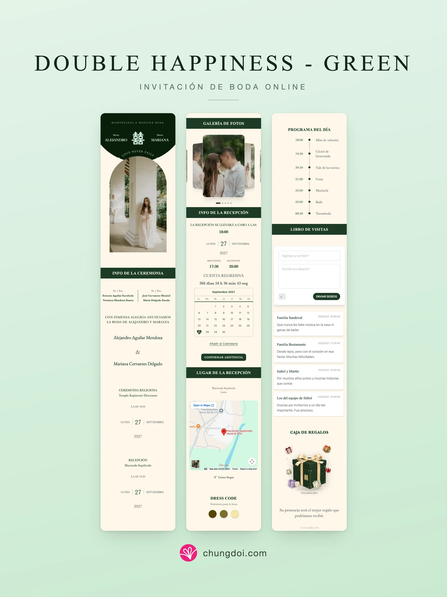 Vista completa de la invitación de boda Double Happiness - Green: sus tres secciones una al lado de la otra
