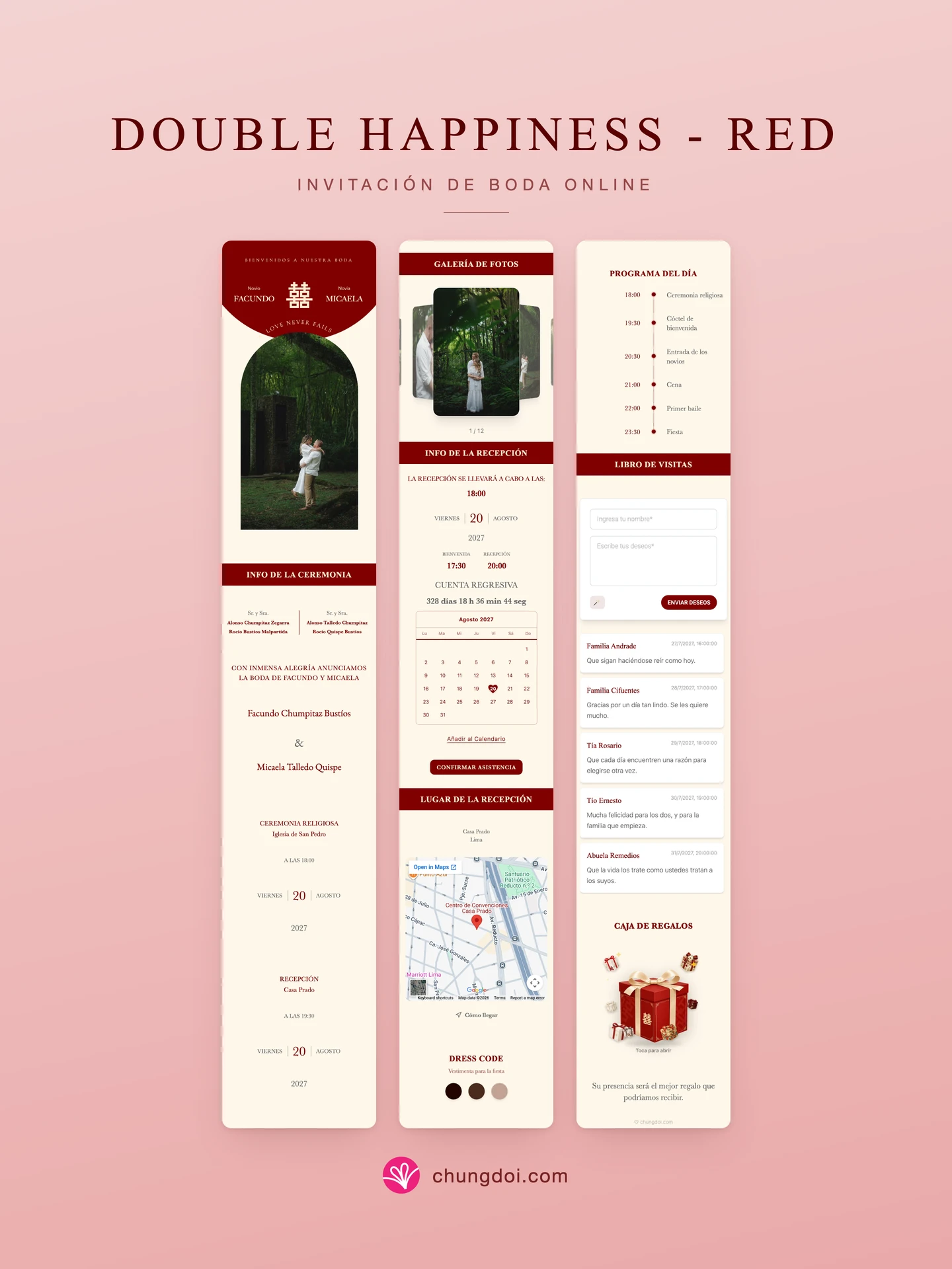 Vista completa de la invitación de boda Double Happiness - Red: sus tres secciones una al lado de la otra