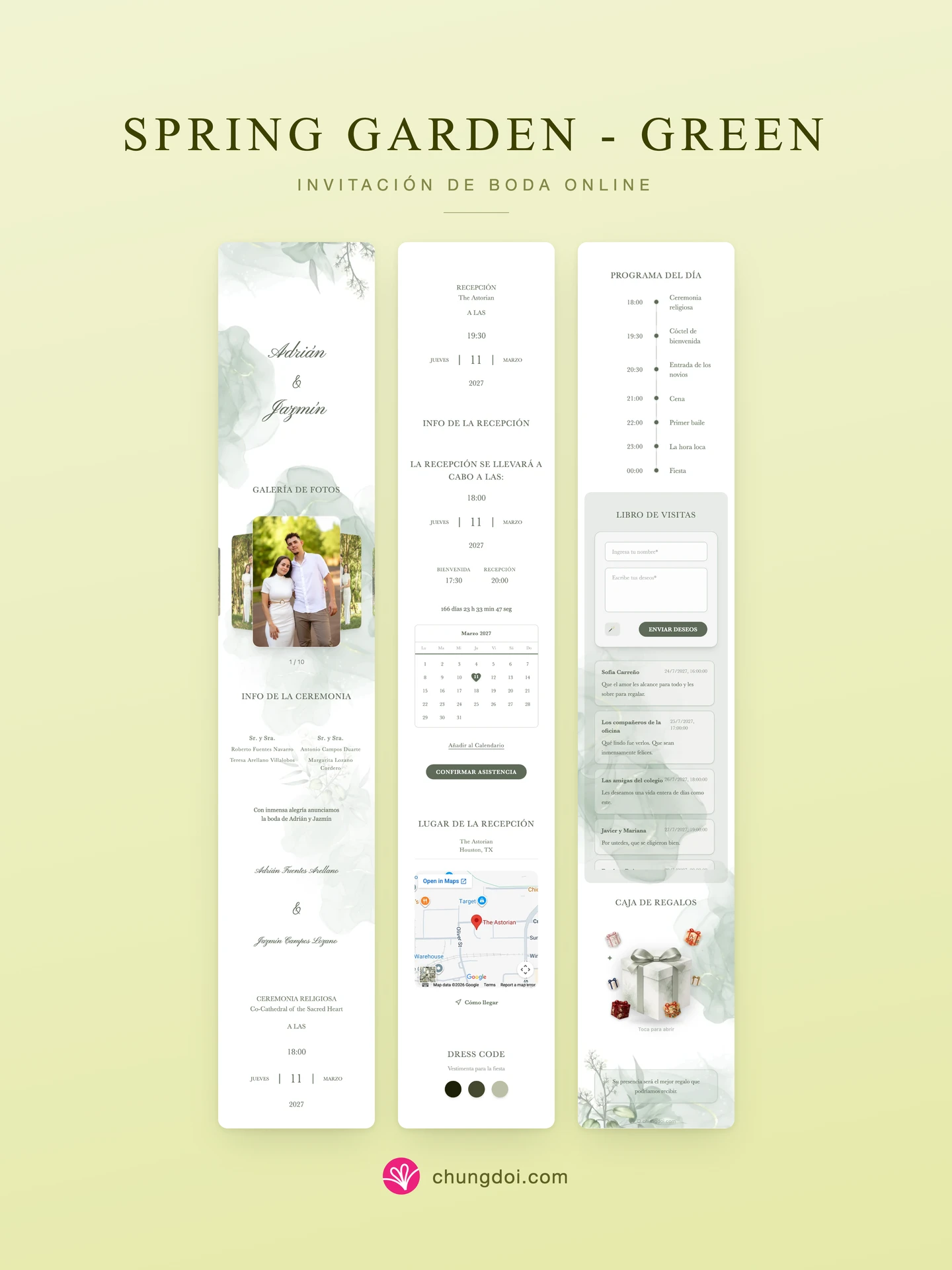 Vista completa de la invitación de boda Spring Garden - Green: sus tres secciones una al lado de la otra