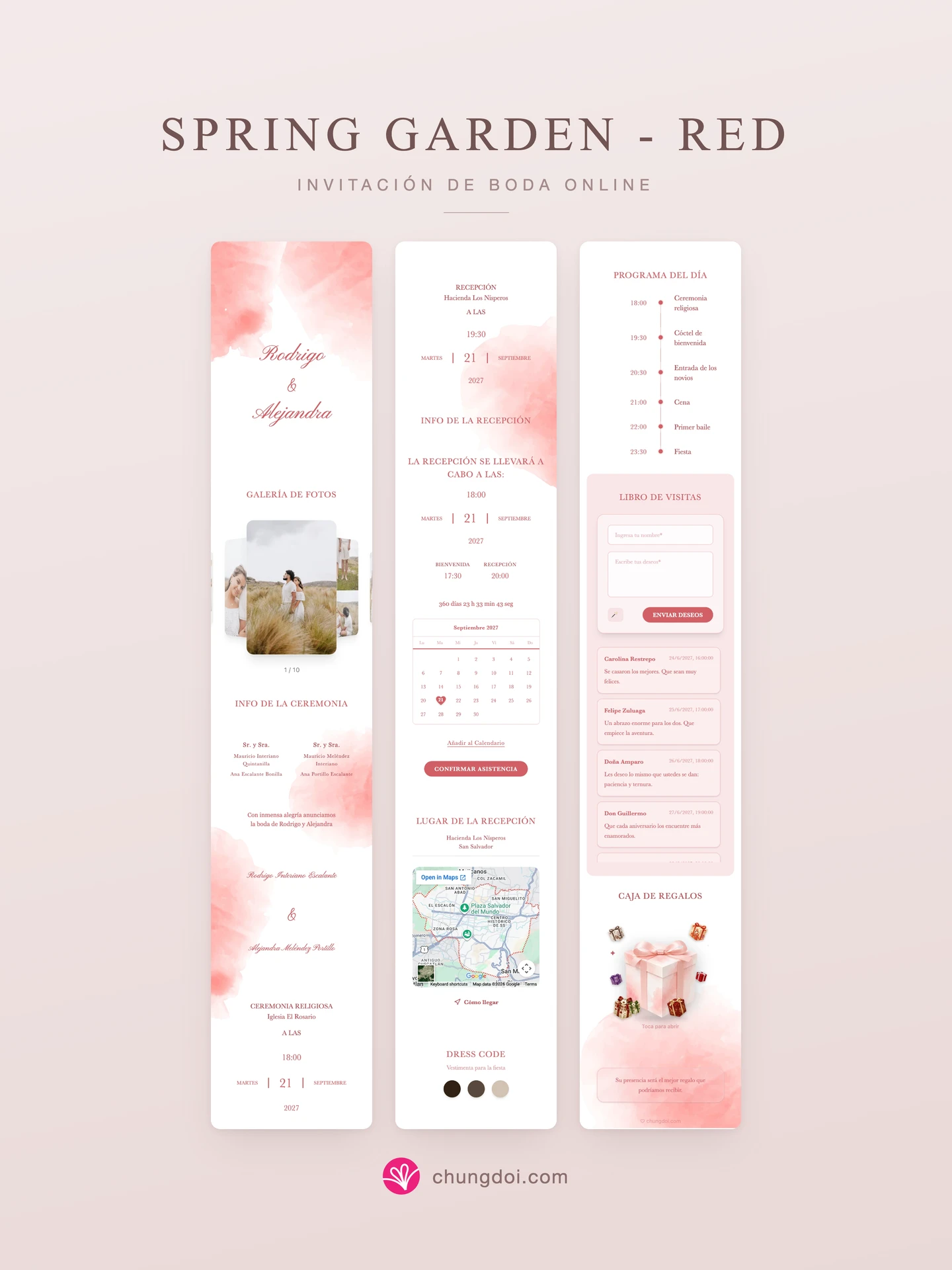 Vista completa de la invitación de boda Spring Garden - Red: sus tres secciones una al lado de la otra