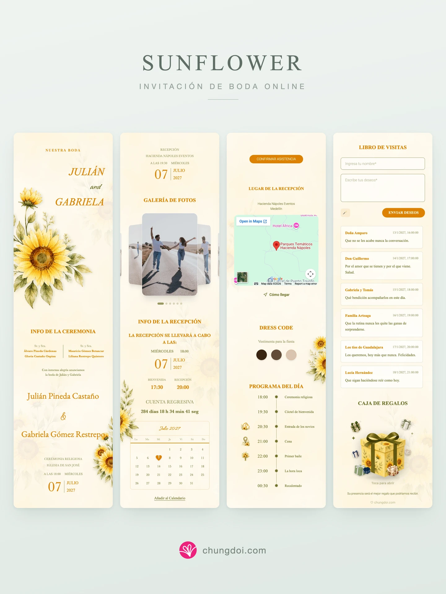 Vista completa de la invitación de boda Sunflower: sus tres secciones una al lado de la otra