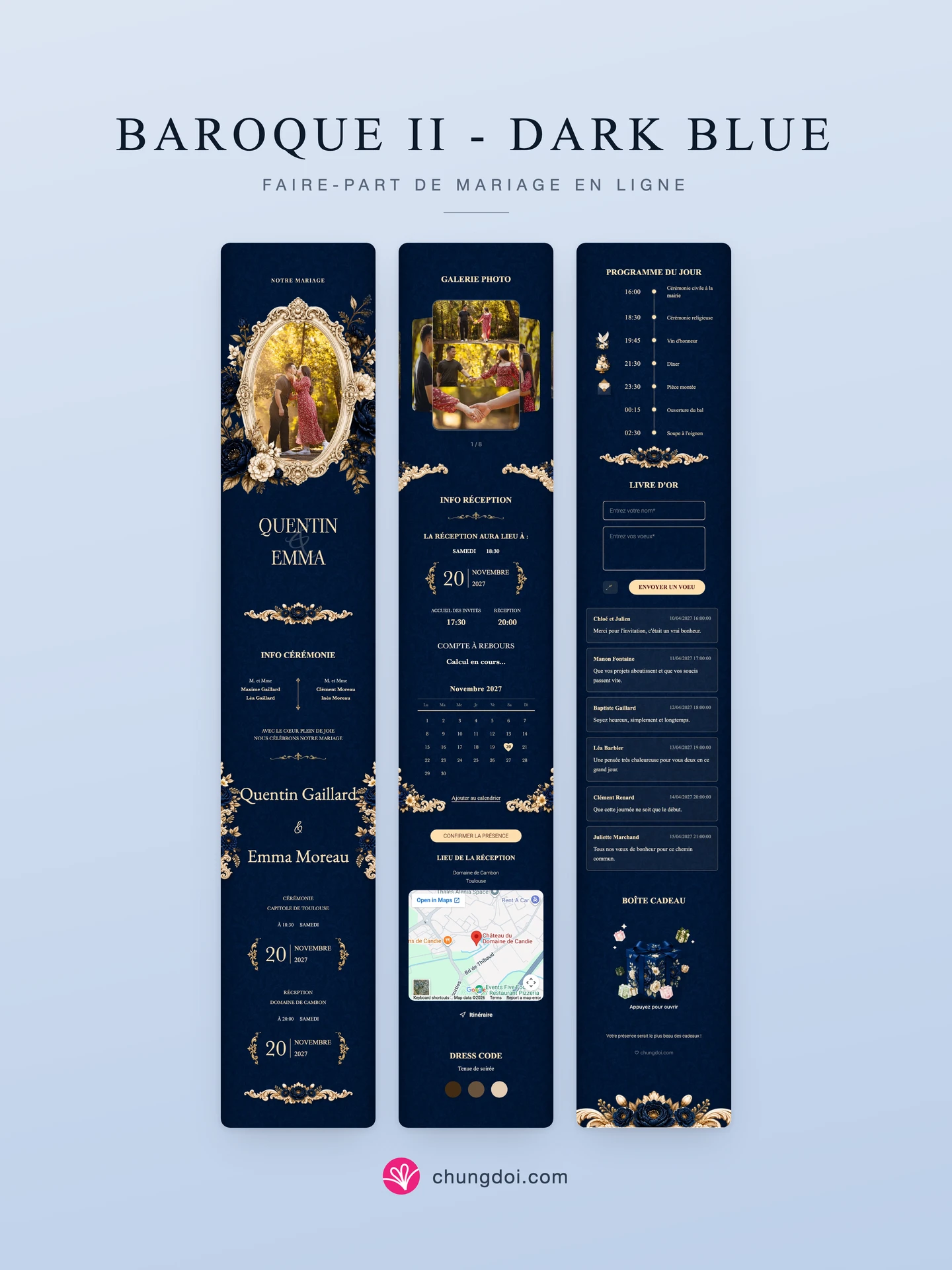 Vue complète du faire-part de mariage Baroque II - Dark Blue : ses trois parties côte à côte