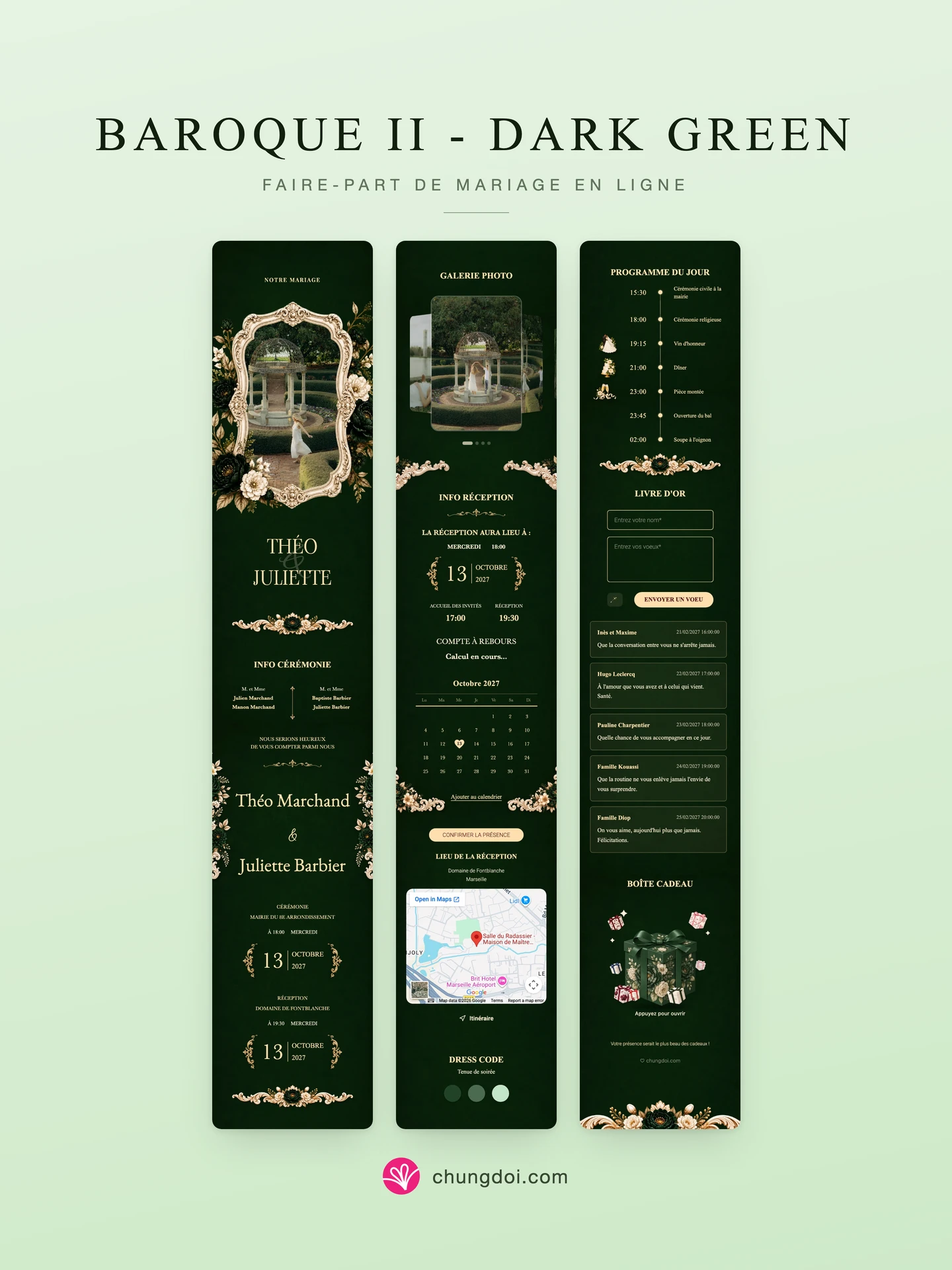 Vue complète du faire-part de mariage Baroque II - Dark Green : ses trois parties côte à côte
