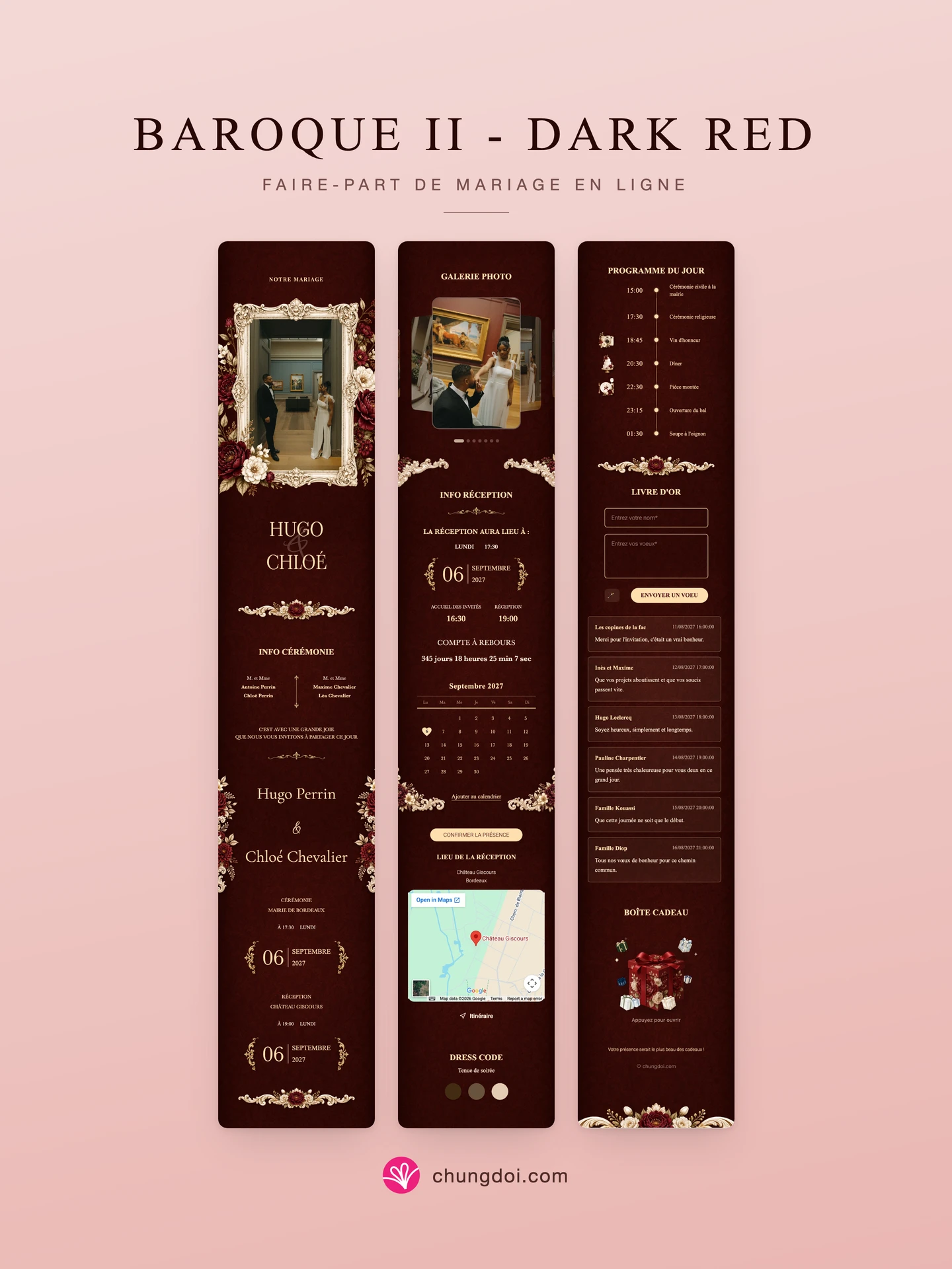 Vue complète du faire-part de mariage Baroque II - Dark Red : ses trois parties côte à côte