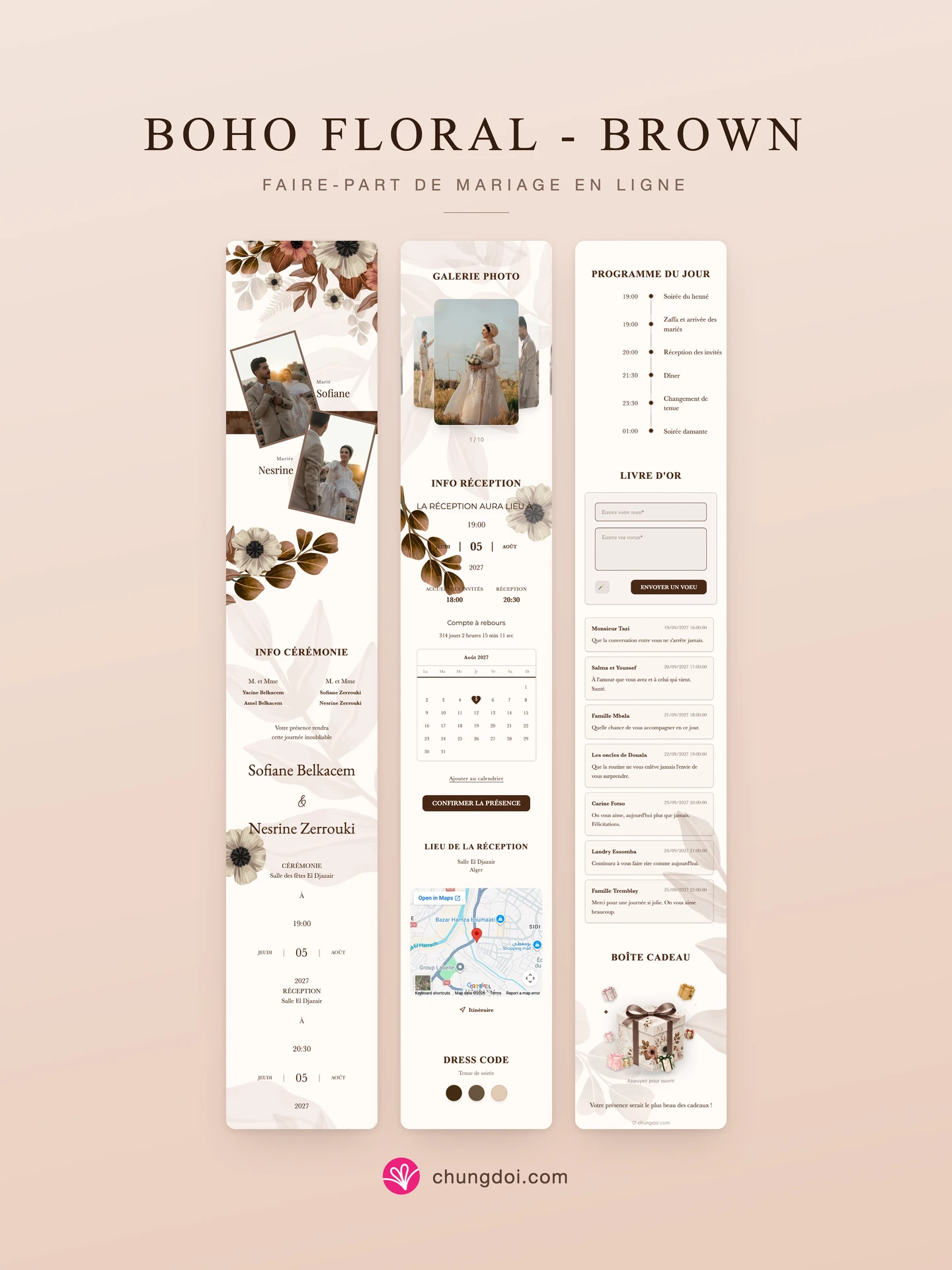 Vue complète du faire-part de mariage Boho Floral - Brown : ses trois parties côte à côte