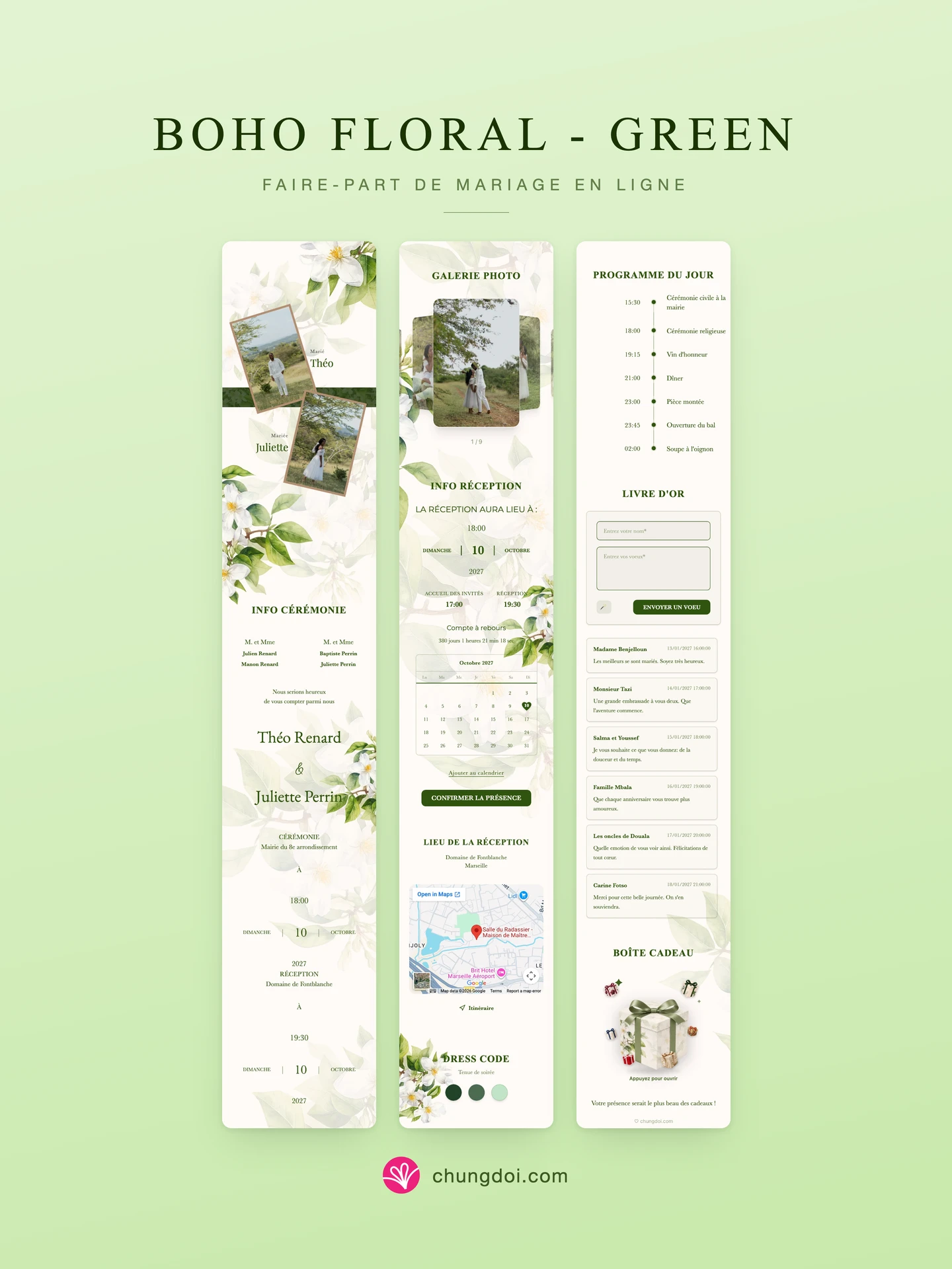 Vue complète du faire-part de mariage Boho Floral - Green : ses trois parties côte à côte