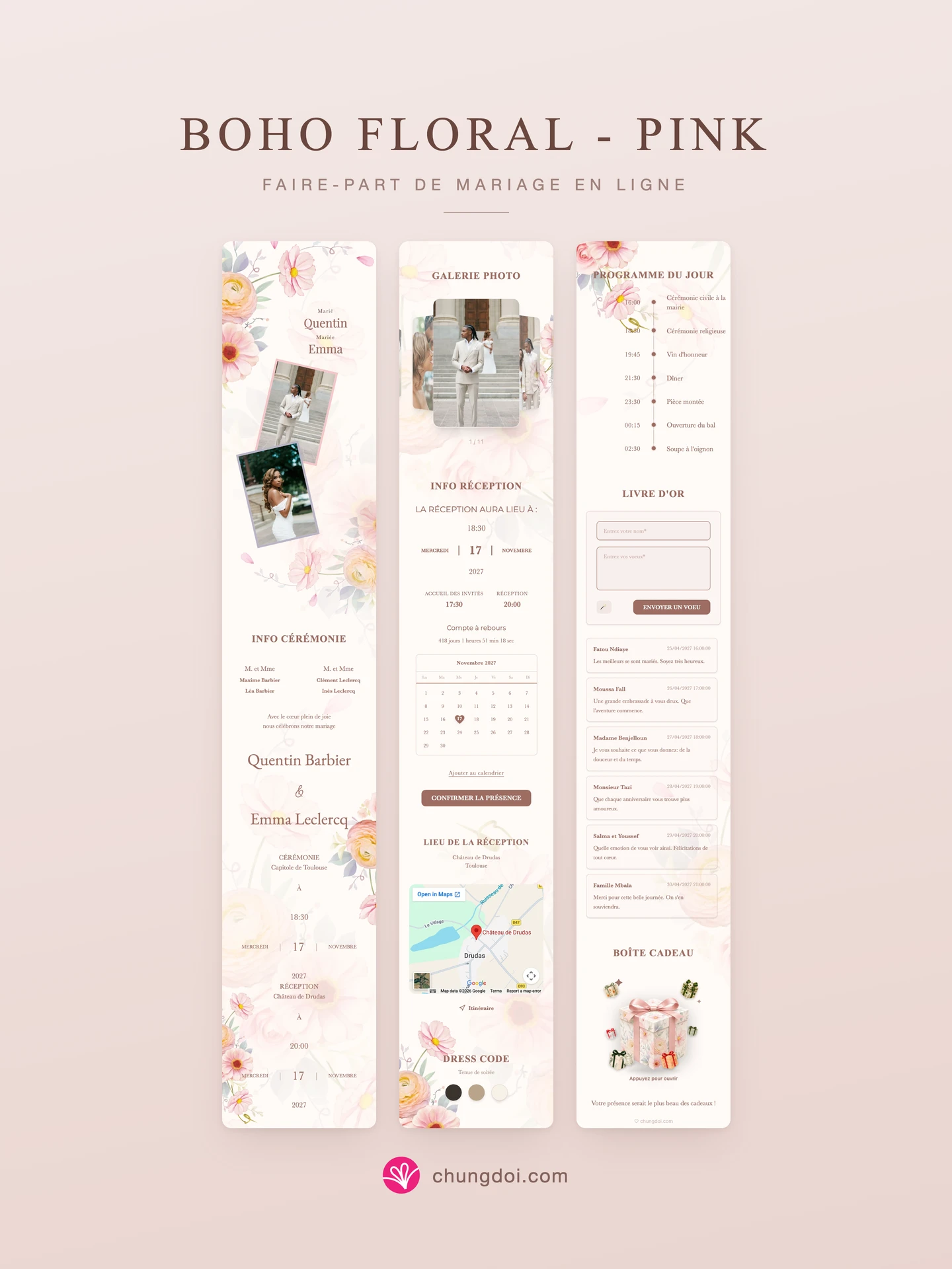 Vue complète du faire-part de mariage Boho Floral - Pink : ses trois parties côte à côte