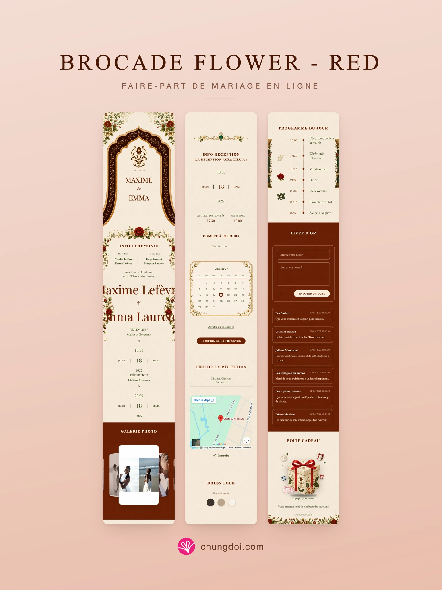 Vue complète du faire-part de mariage Brocade Flower - Red : ses trois parties côte à côte