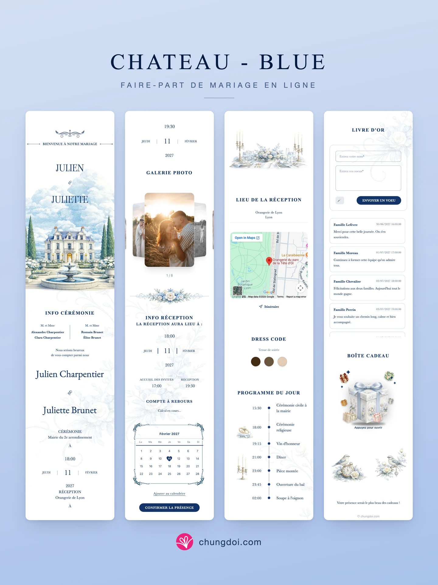 Vue complète du faire-part de mariage Chateau - Blue : ses trois parties côte à côte