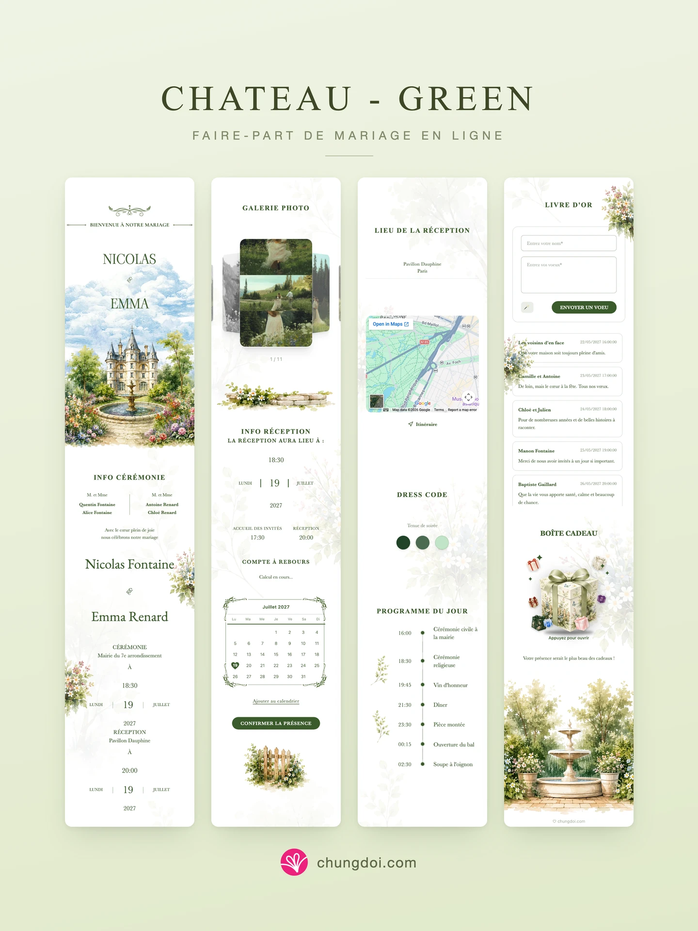 Vue complète du faire-part de mariage Chateau - Green : ses trois parties côte à côte