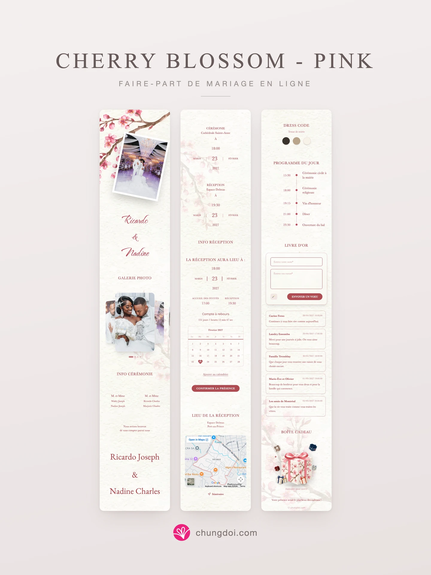 Vue complète du faire-part de mariage Cherry Blossom - Pink : ses trois parties côte à côte