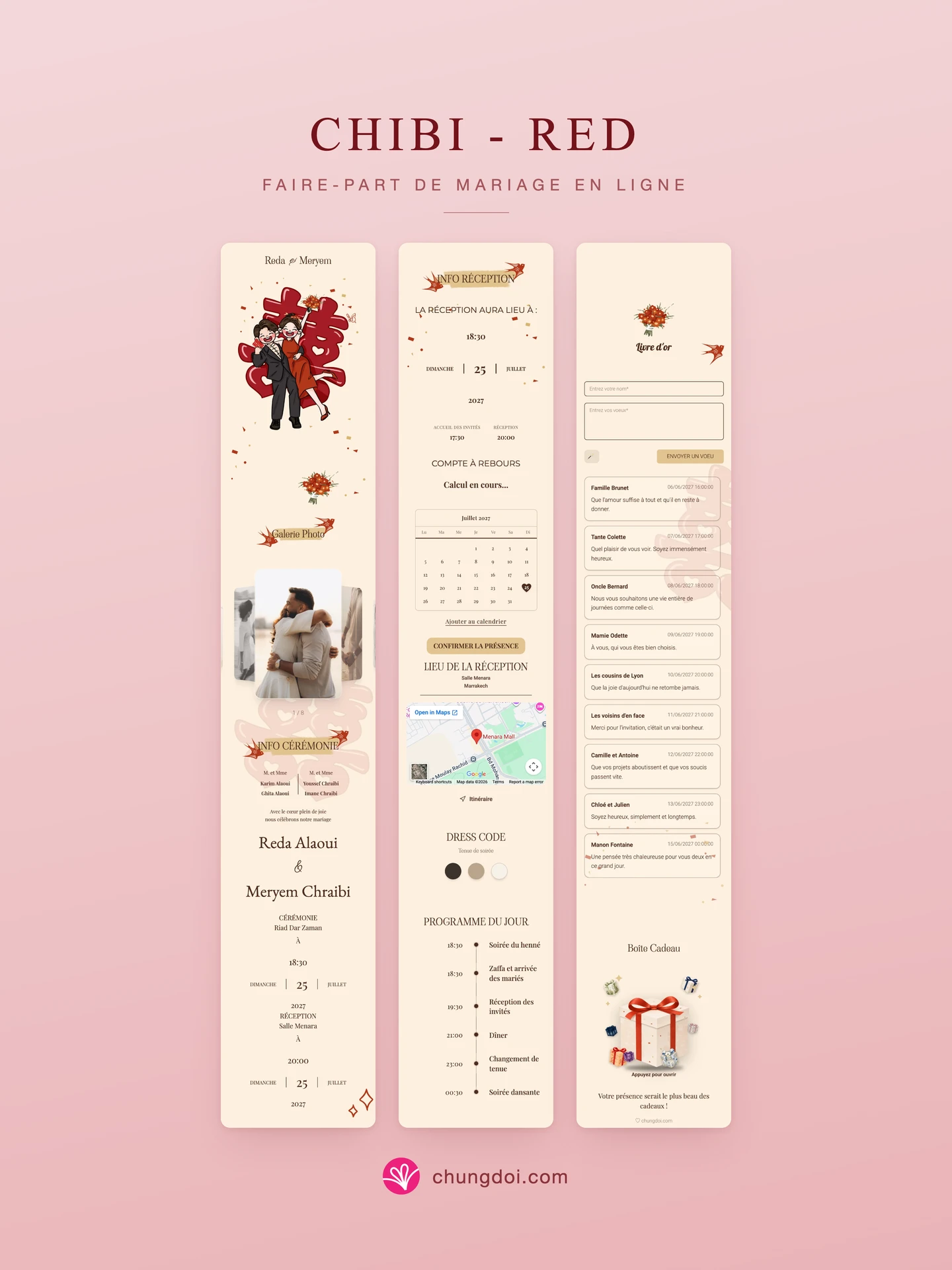 Vue complète du faire-part de mariage Chibi - Red : ses trois parties côte à côte