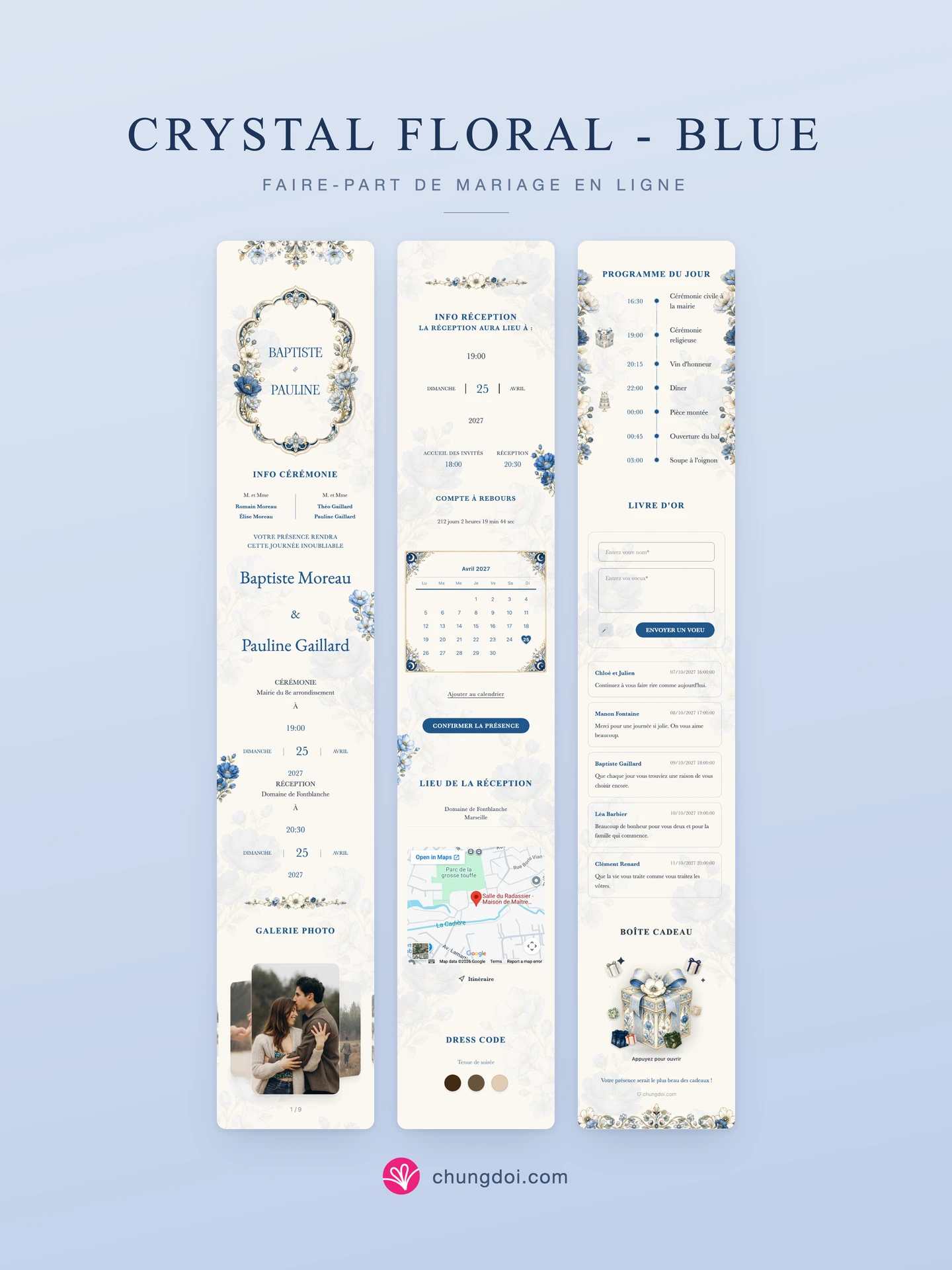 Vue complète du faire-part de mariage Crystal Floral - Blue : ses trois parties côte à côte