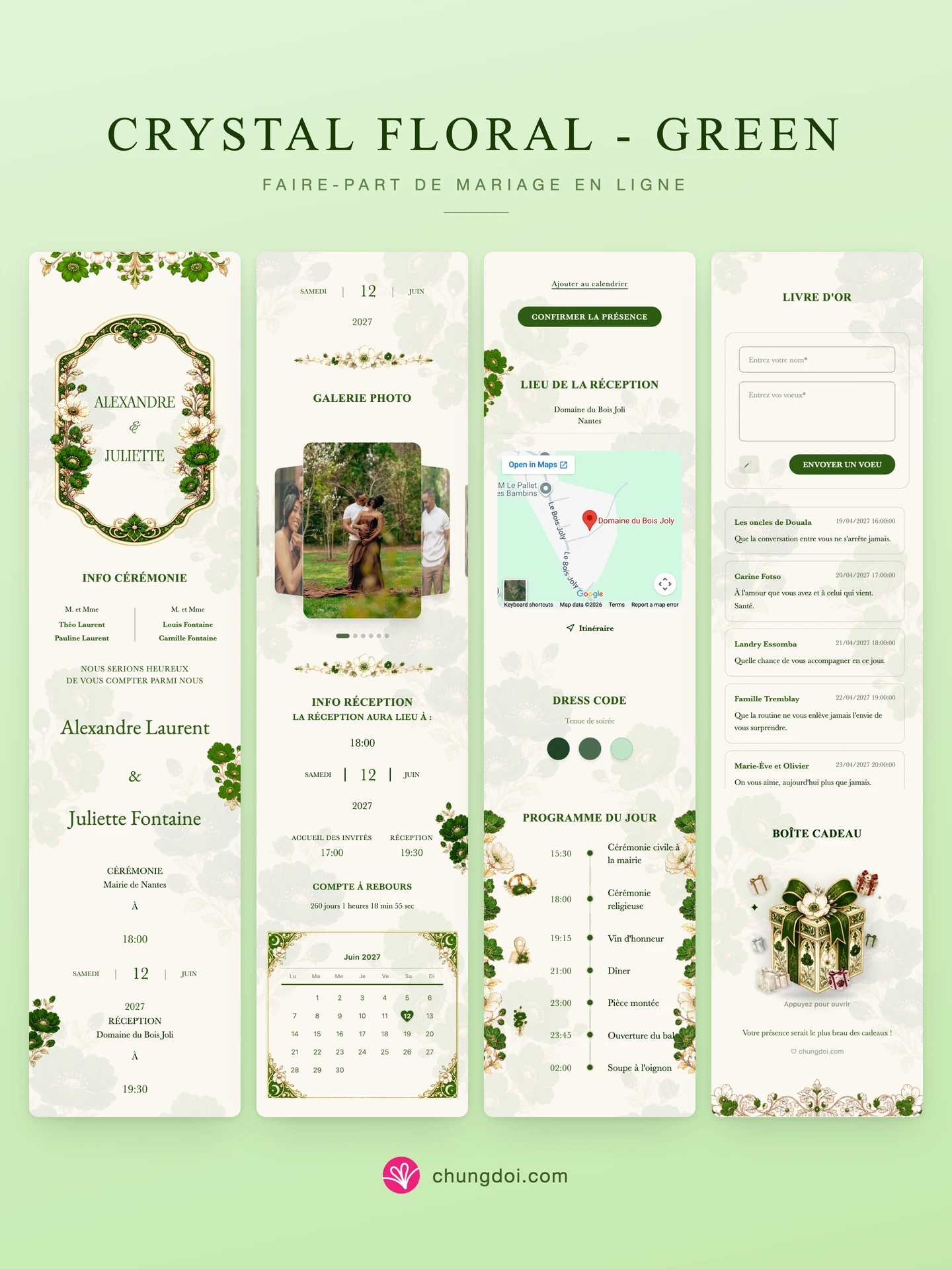 Vue complète du faire-part de mariage Crystal Floral - Green : ses trois parties côte à côte