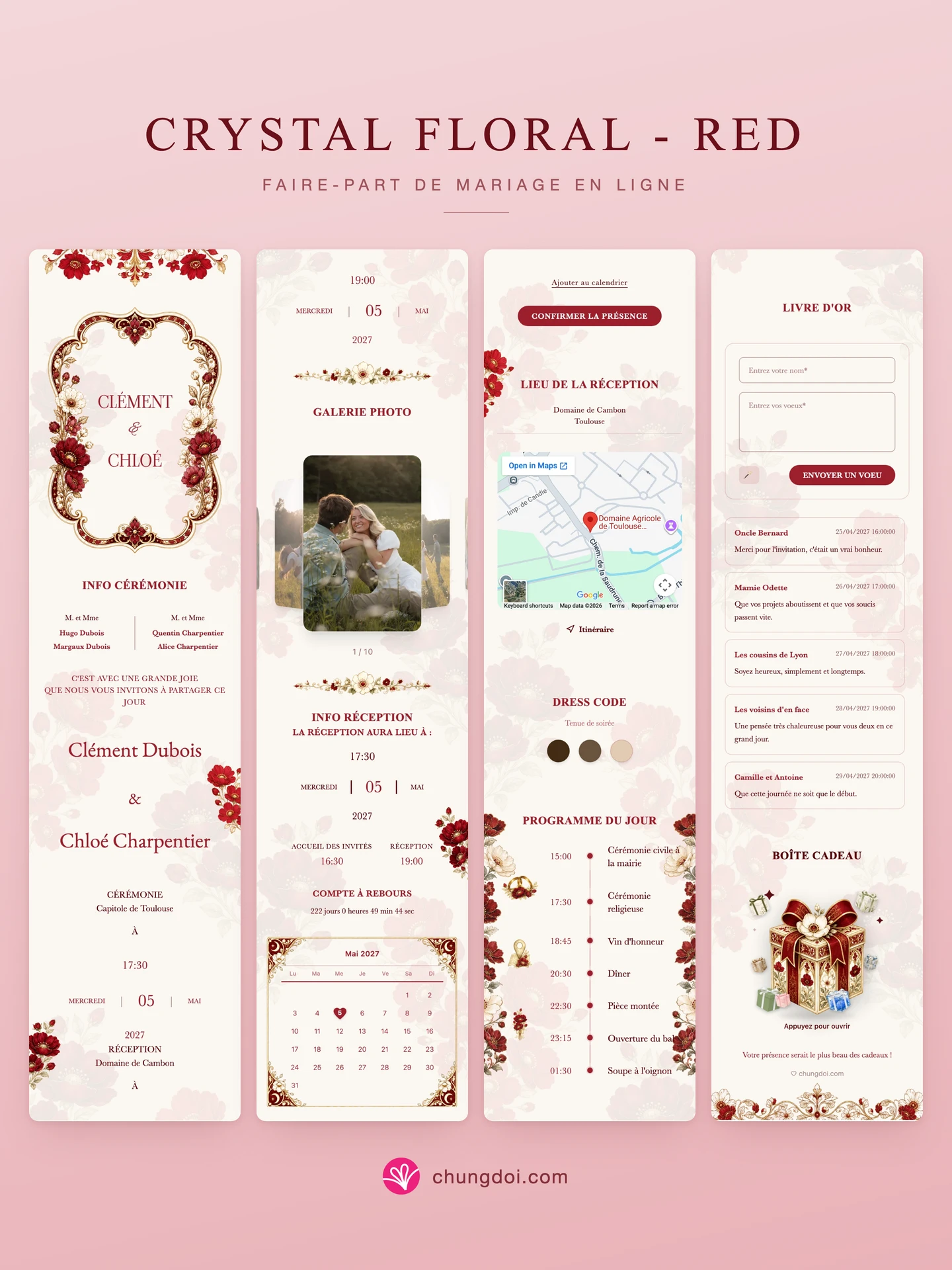 Vue complète du faire-part de mariage Crystal Floral - Red : ses trois parties côte à côte
