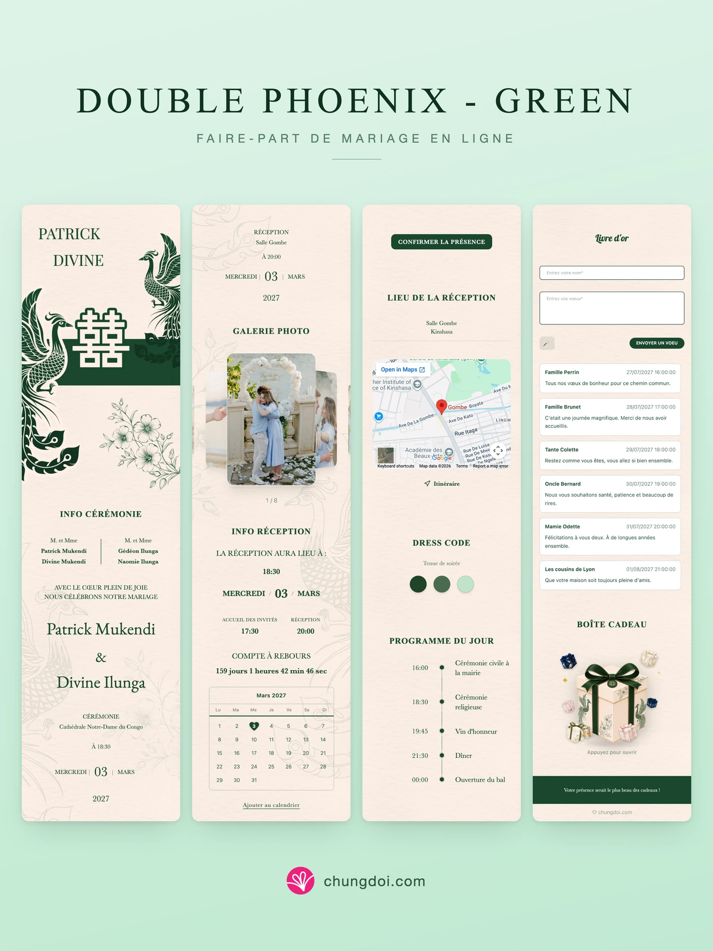 Vue complète du faire-part de mariage Double Phoenix - Green : ses trois parties côte à côte