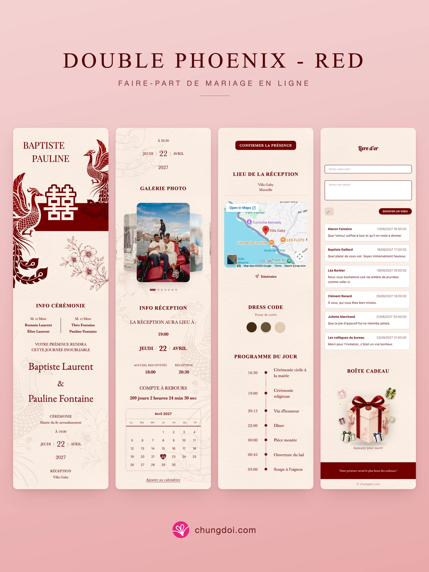 Vue complète du faire-part de mariage Double Phoenix - Red : ses trois parties côte à côte
