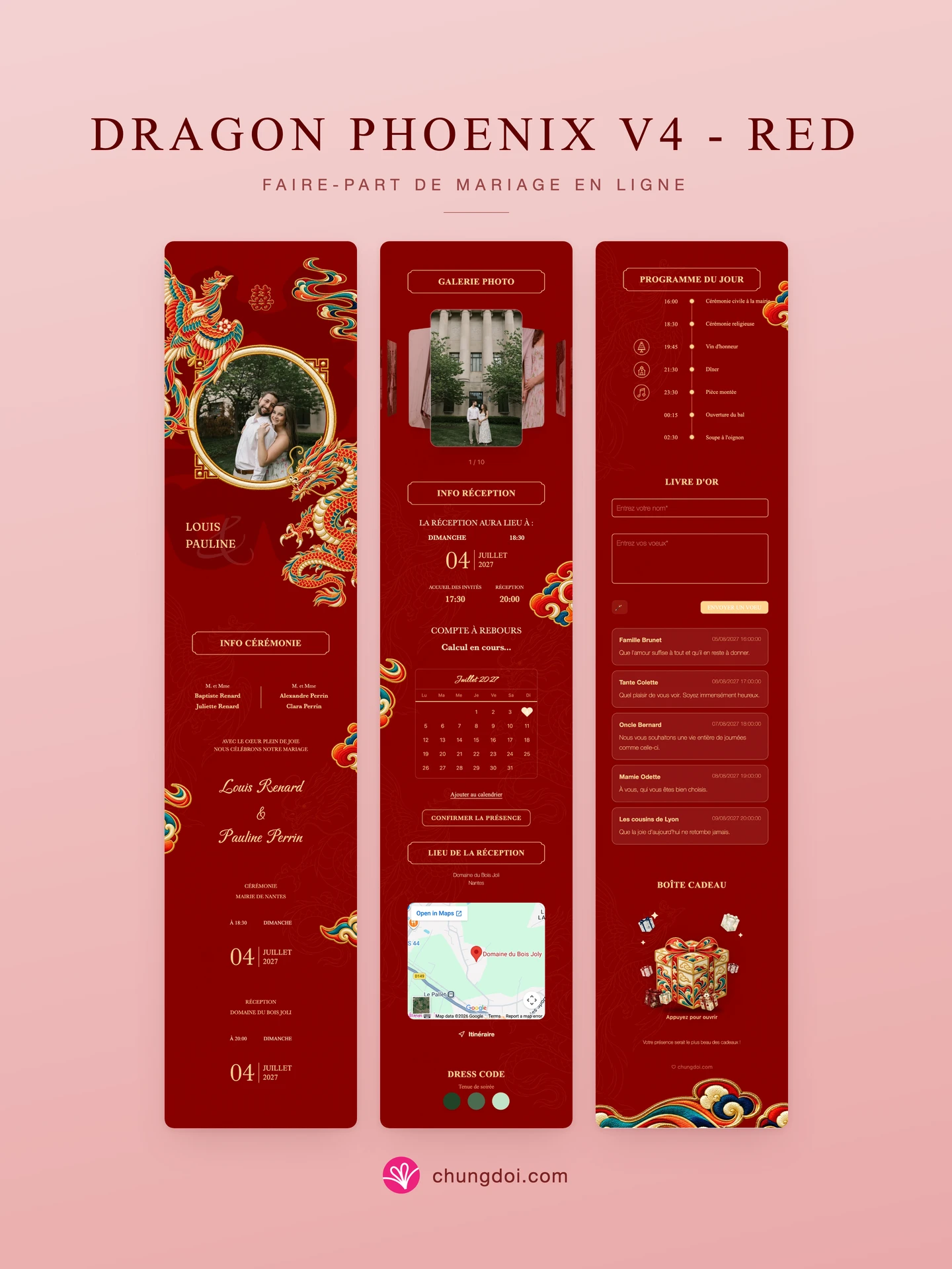 Vue complète du faire-part de mariage Dragon Phoenix V4 - Red : ses trois parties côte à côte