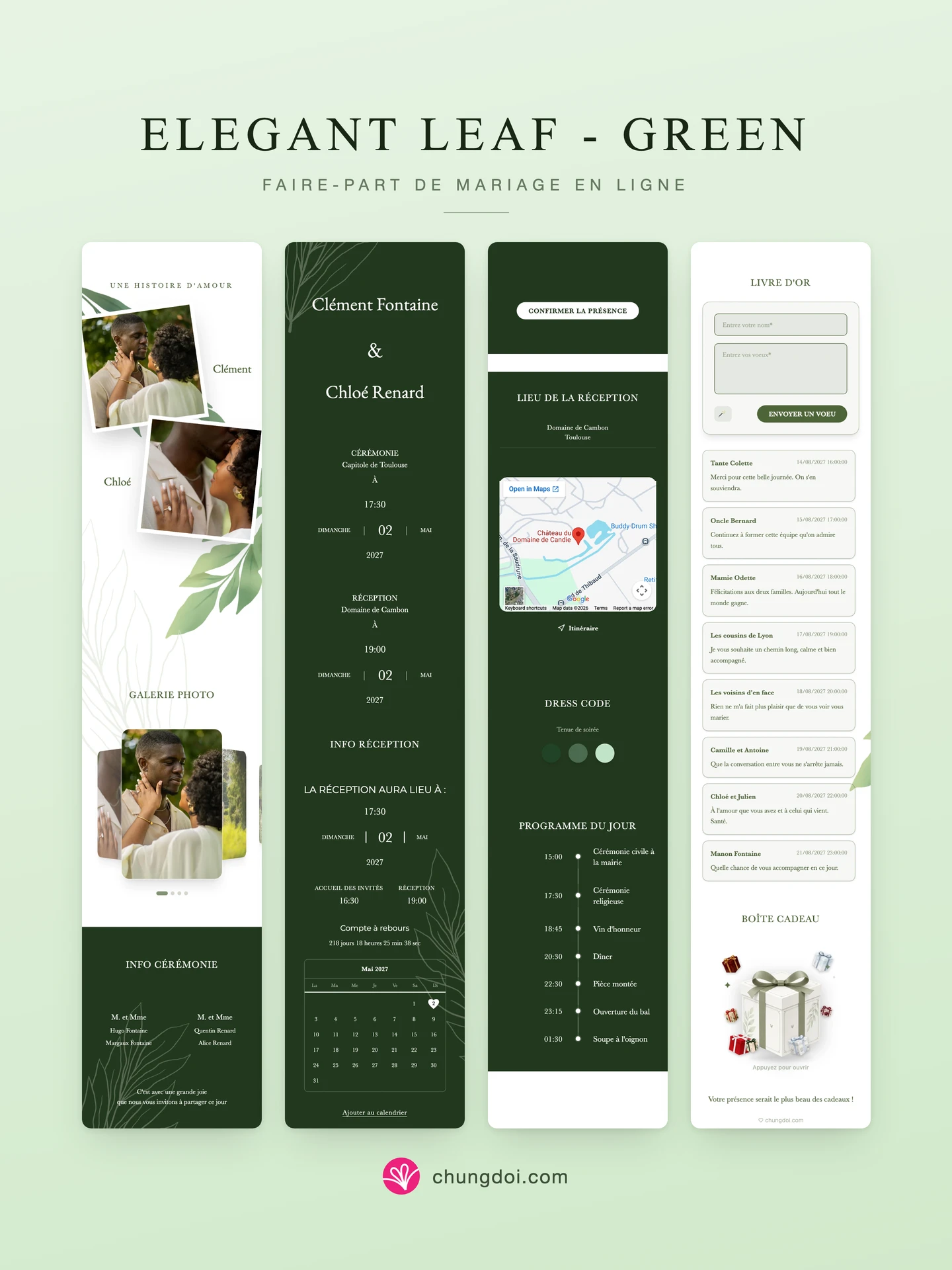 Vue complète du faire-part de mariage Elegant Leaf - Green : ses trois parties côte à côte