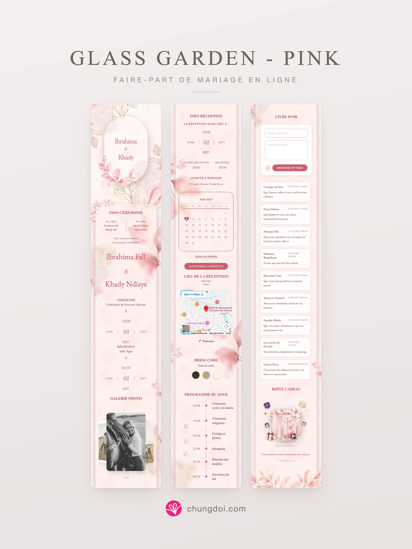 Vue complète du faire-part de mariage Glass Garden - Pink : ses trois parties côte à côte