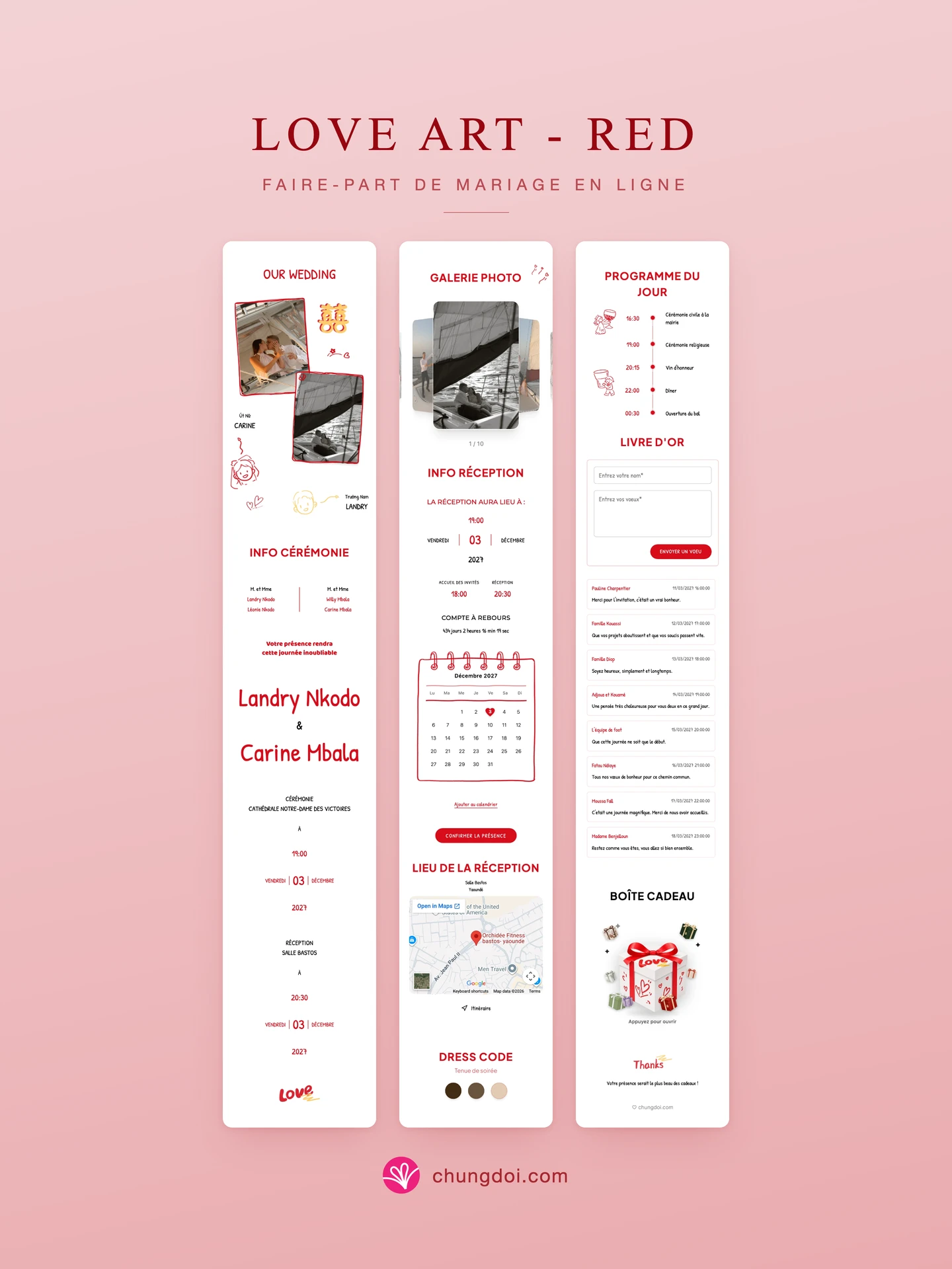 Vue complète du faire-part de mariage Love Art - Red : ses trois parties côte à côte