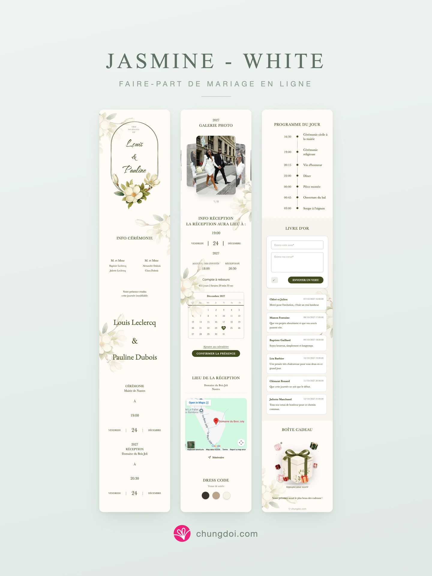 Vue complète du faire-part de mariage Jasmine - White : ses trois parties côte à côte