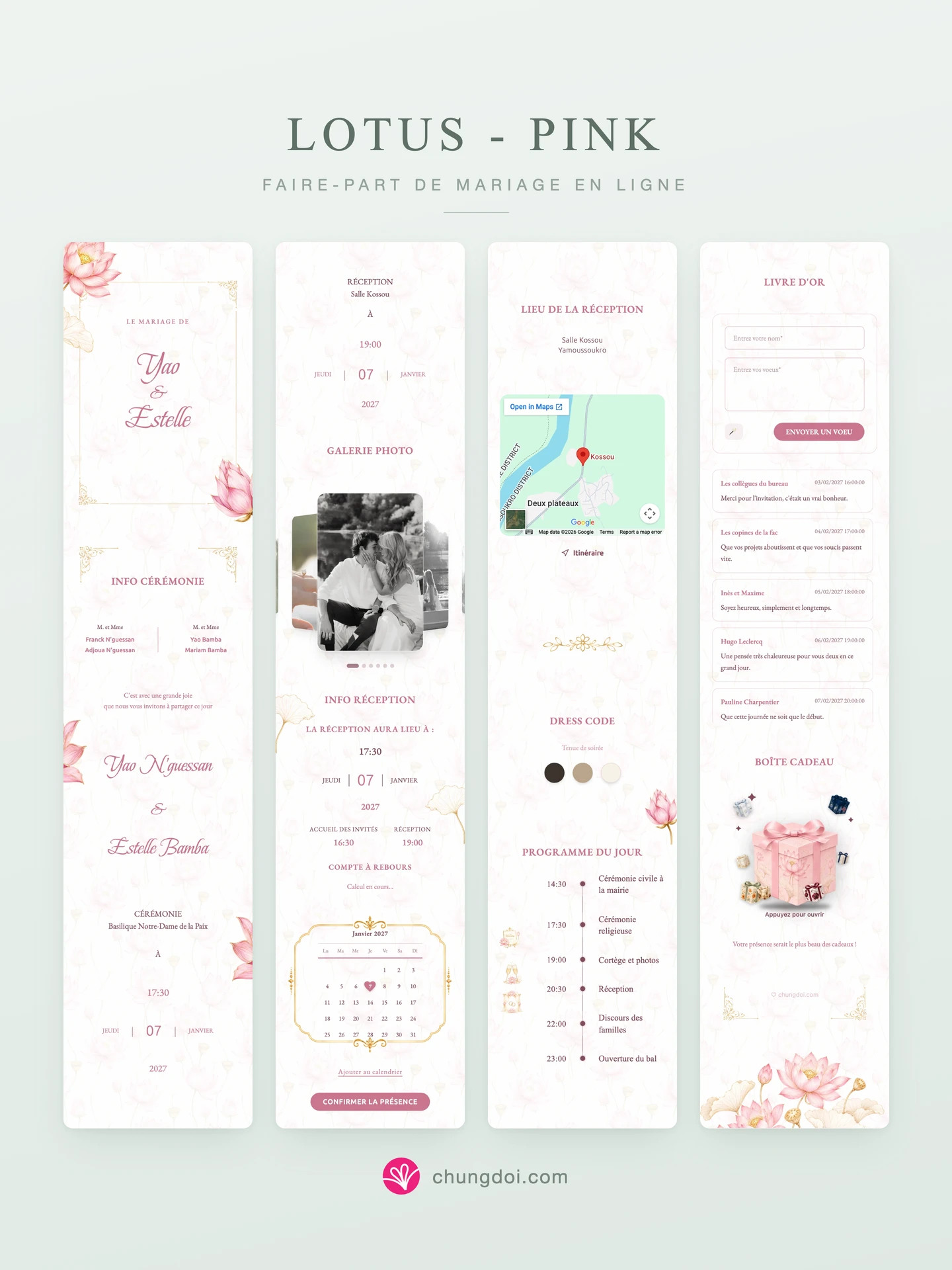 Vue complète du faire-part de mariage Lotus - Pink : ses trois parties côte à côte
