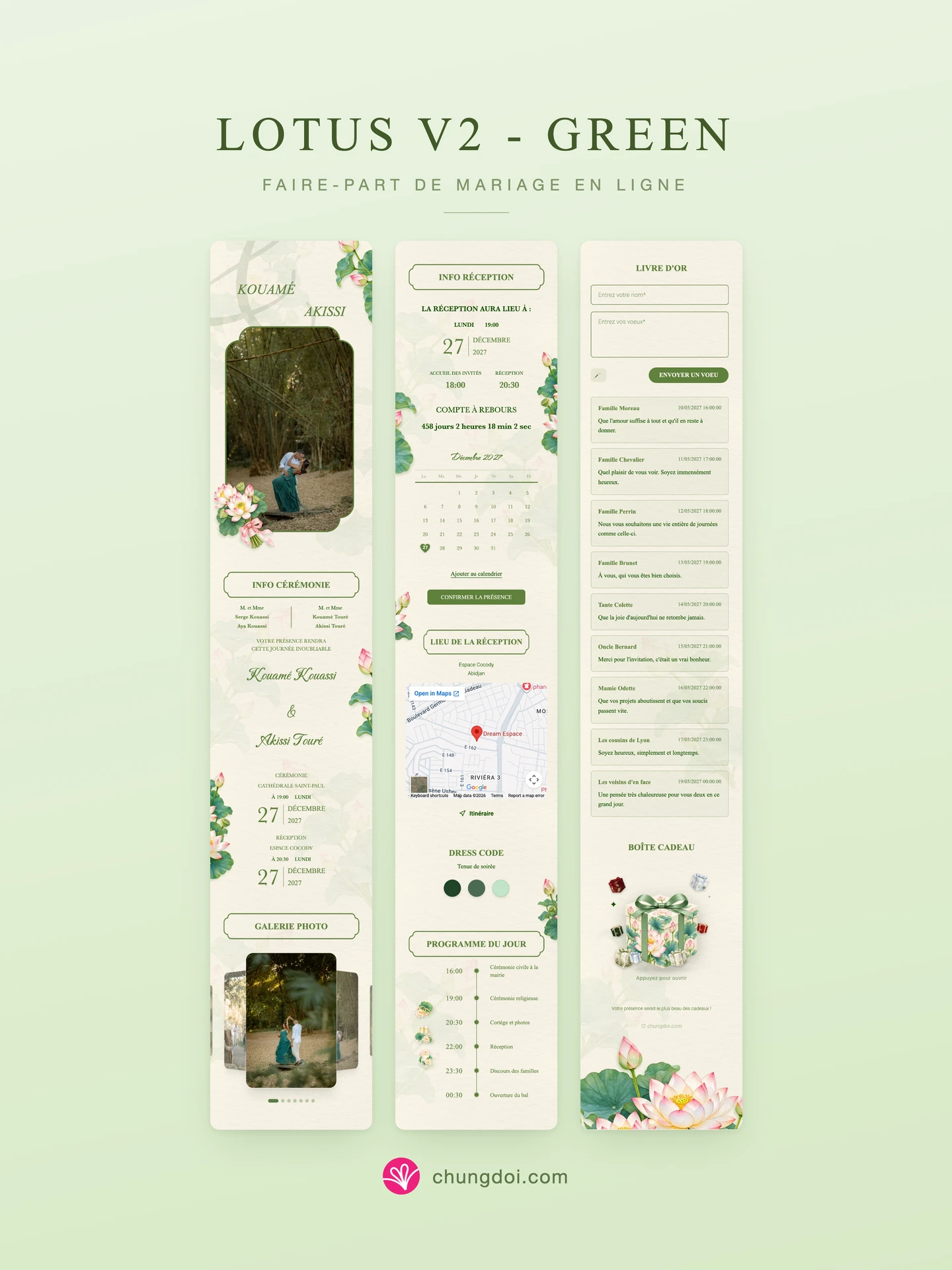 Vue complète du faire-part de mariage Lotus V2 - Green : ses trois parties côte à côte