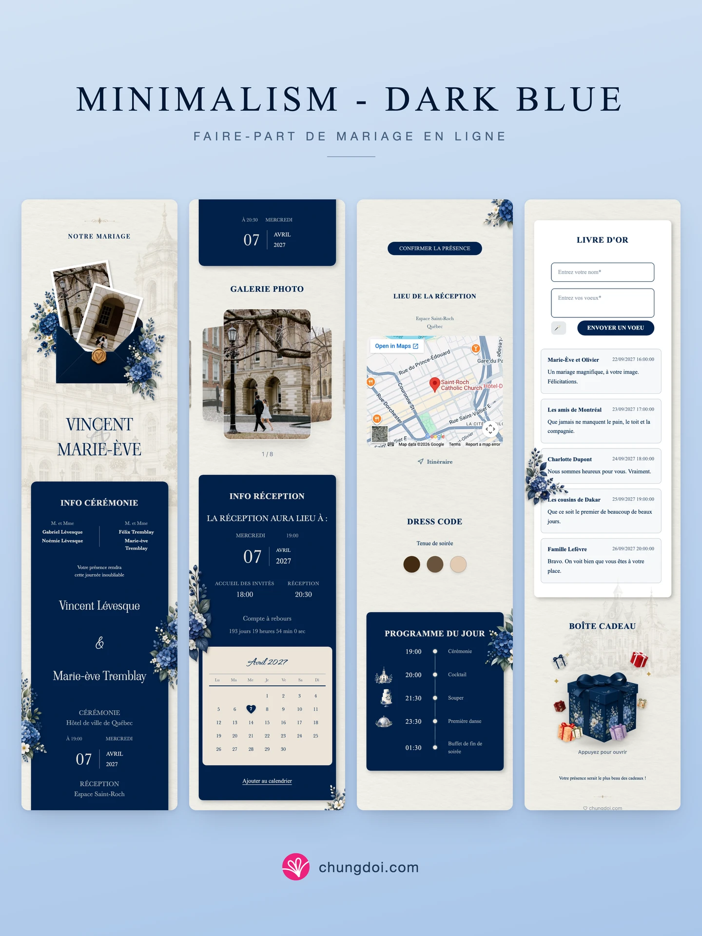Vue complète du faire-part de mariage Minimalism - Dark Blue : ses trois parties côte à côte