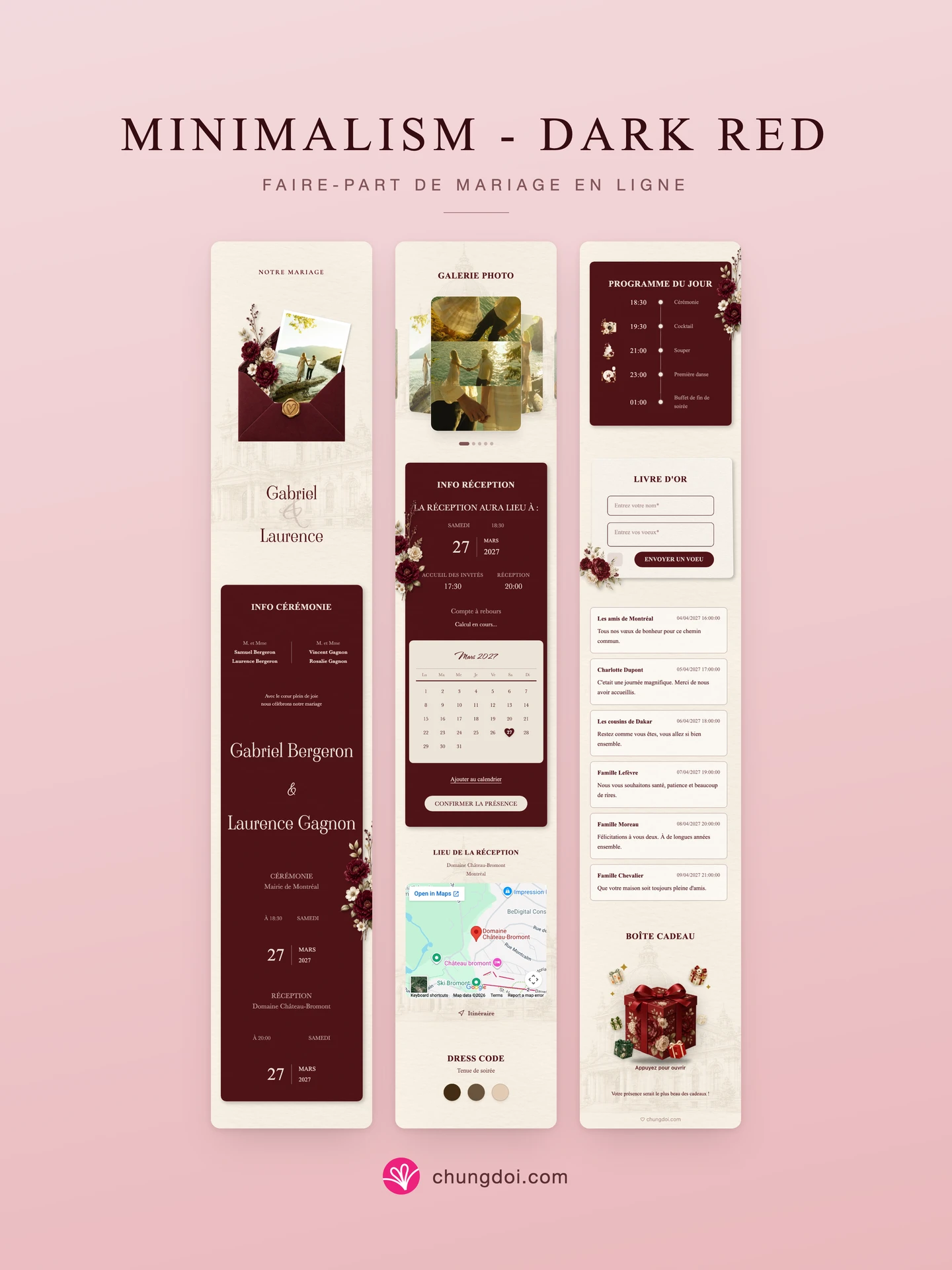 Vue complète du faire-part de mariage Minimalism - Dark Red : ses trois parties côte à côte