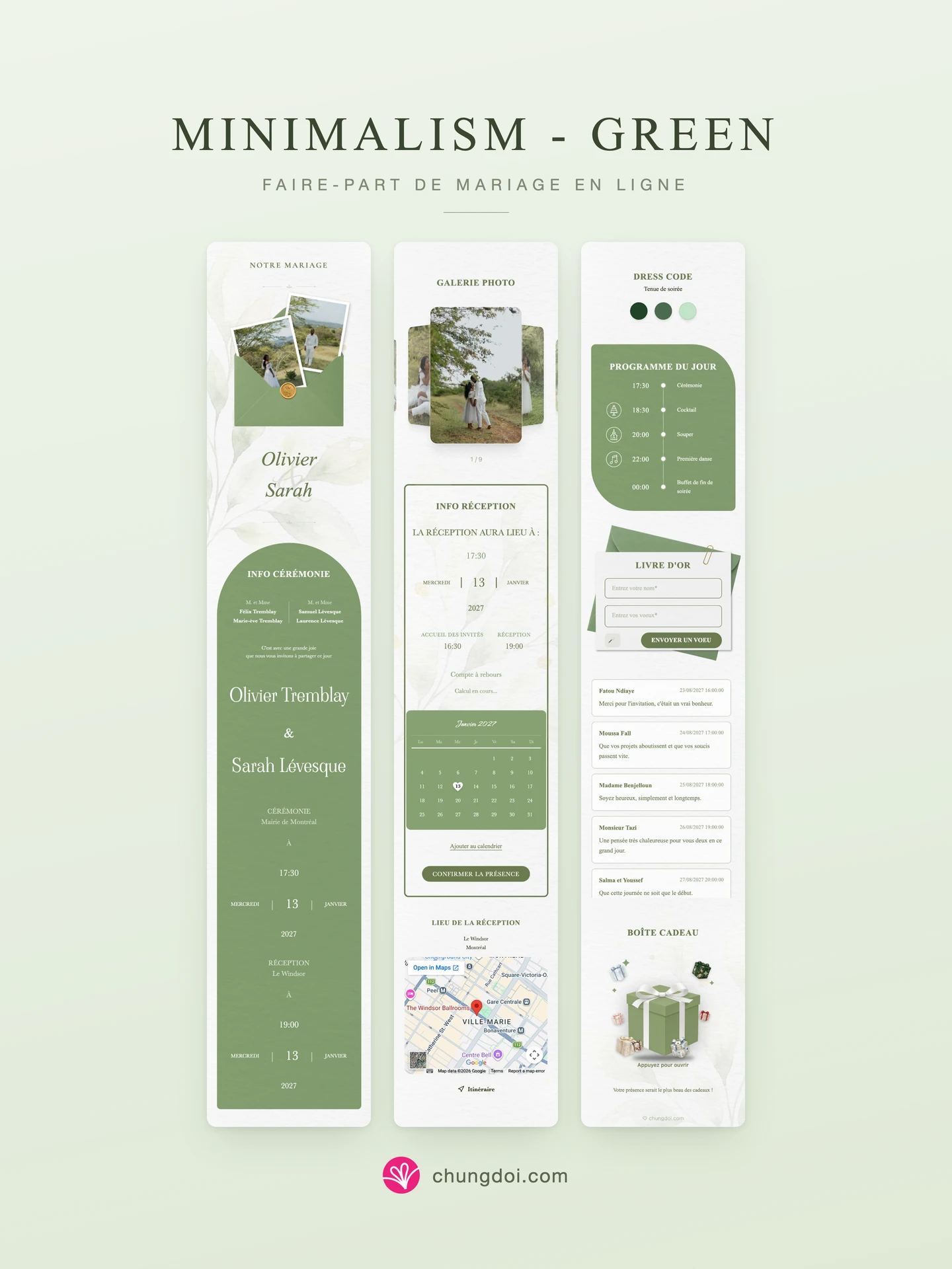 Vue complète du faire-part de mariage Minimalism - Green : ses trois parties côte à côte