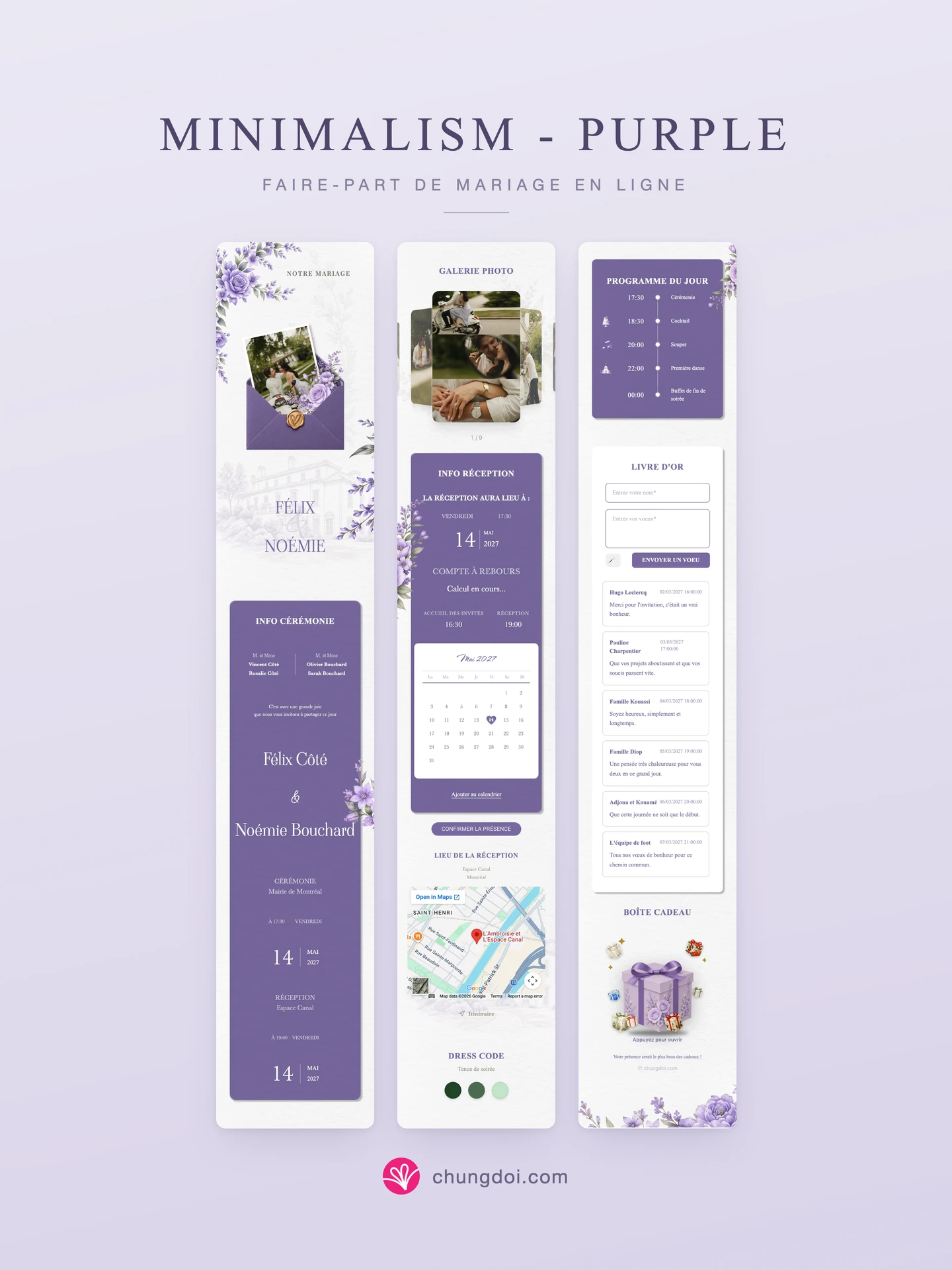 Vue complète du faire-part de mariage Minimalism - Purple : ses trois parties côte à côte