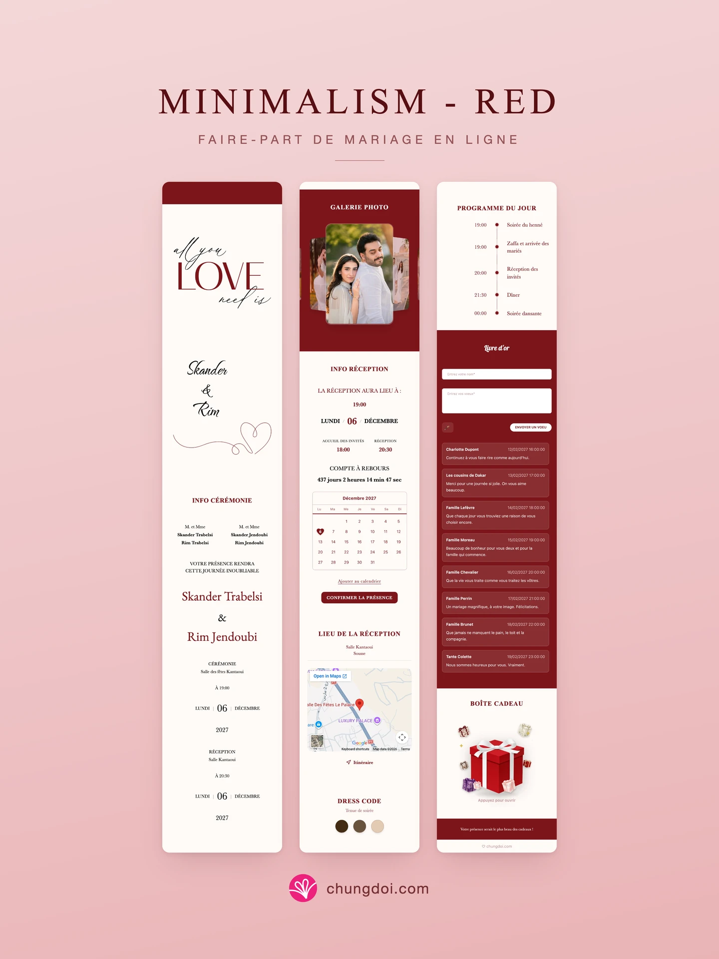Vue complète du faire-part de mariage Minimalism - Red : ses trois parties côte à côte