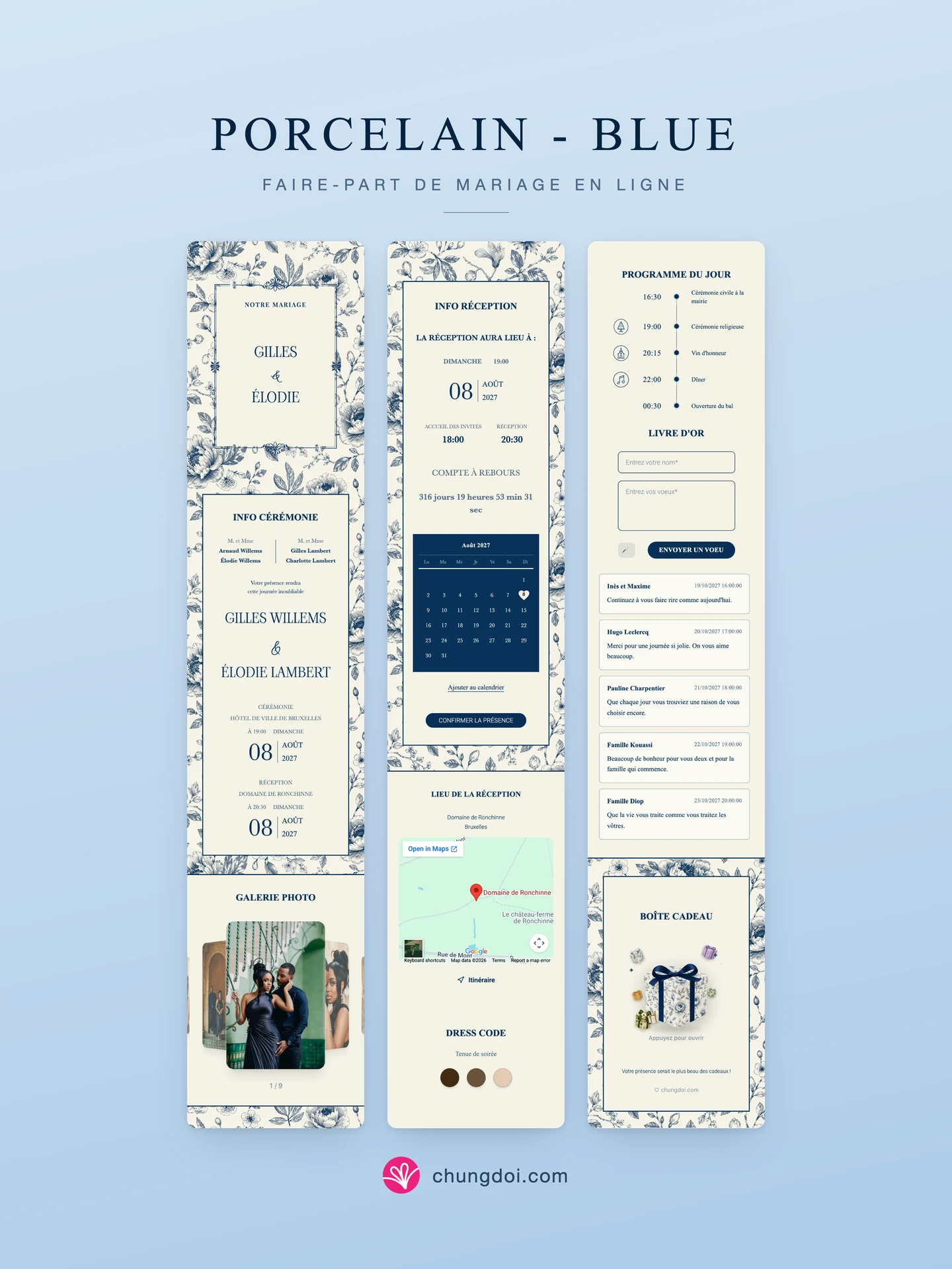 Vue complète du faire-part de mariage Porcelain - Blue : ses trois parties côte à côte