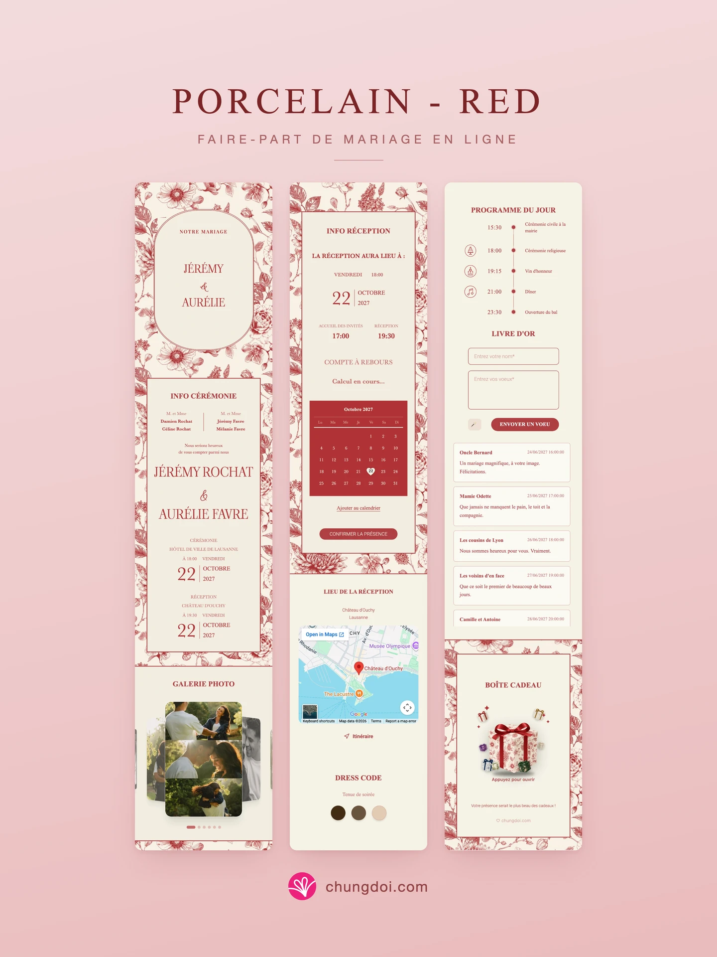 Vue complète du faire-part de mariage Porcelain - Red : ses trois parties côte à côte