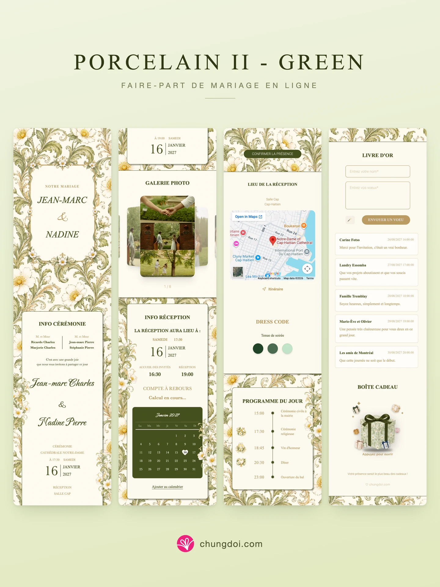 Vue complète du faire-part de mariage Porcelain II - Green : ses trois parties côte à côte